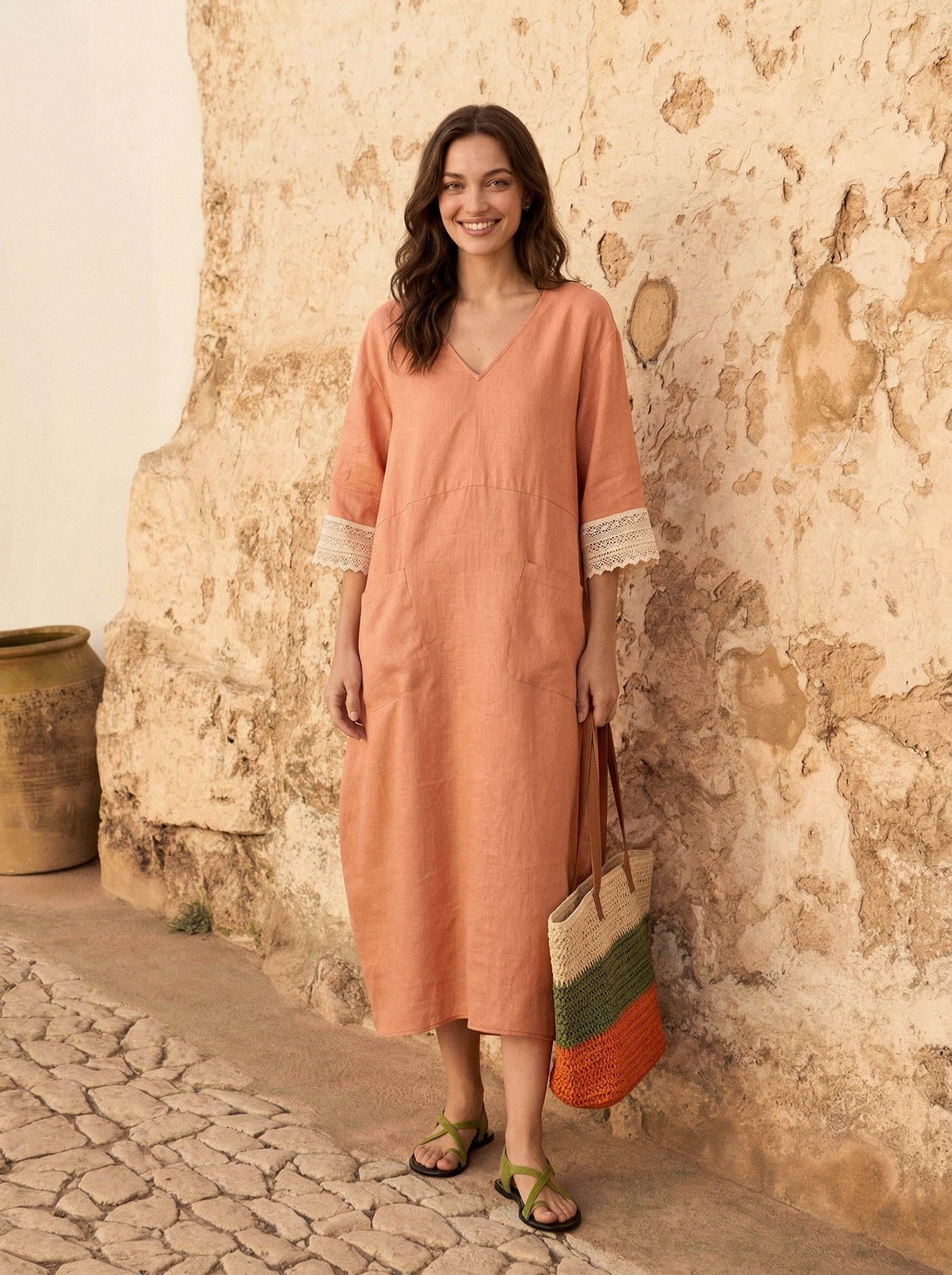 100% Linen Lace-Cuff Cocoon Maxi Dress PETRA - Image 2
