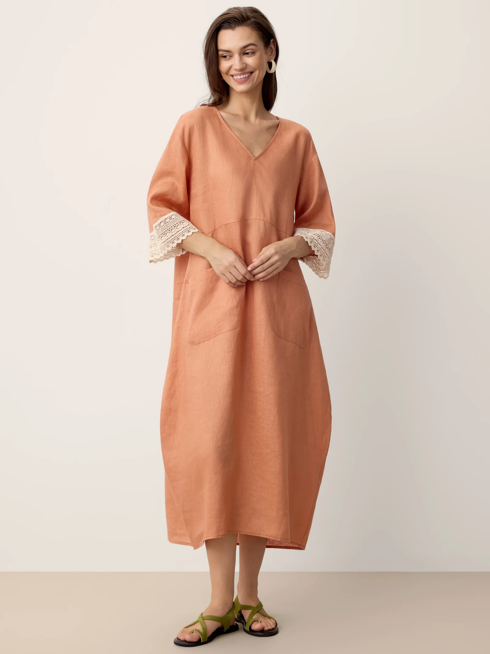 100% Linen Lace-Cuff Cocoon Maxi Dress PETRA - Image 5