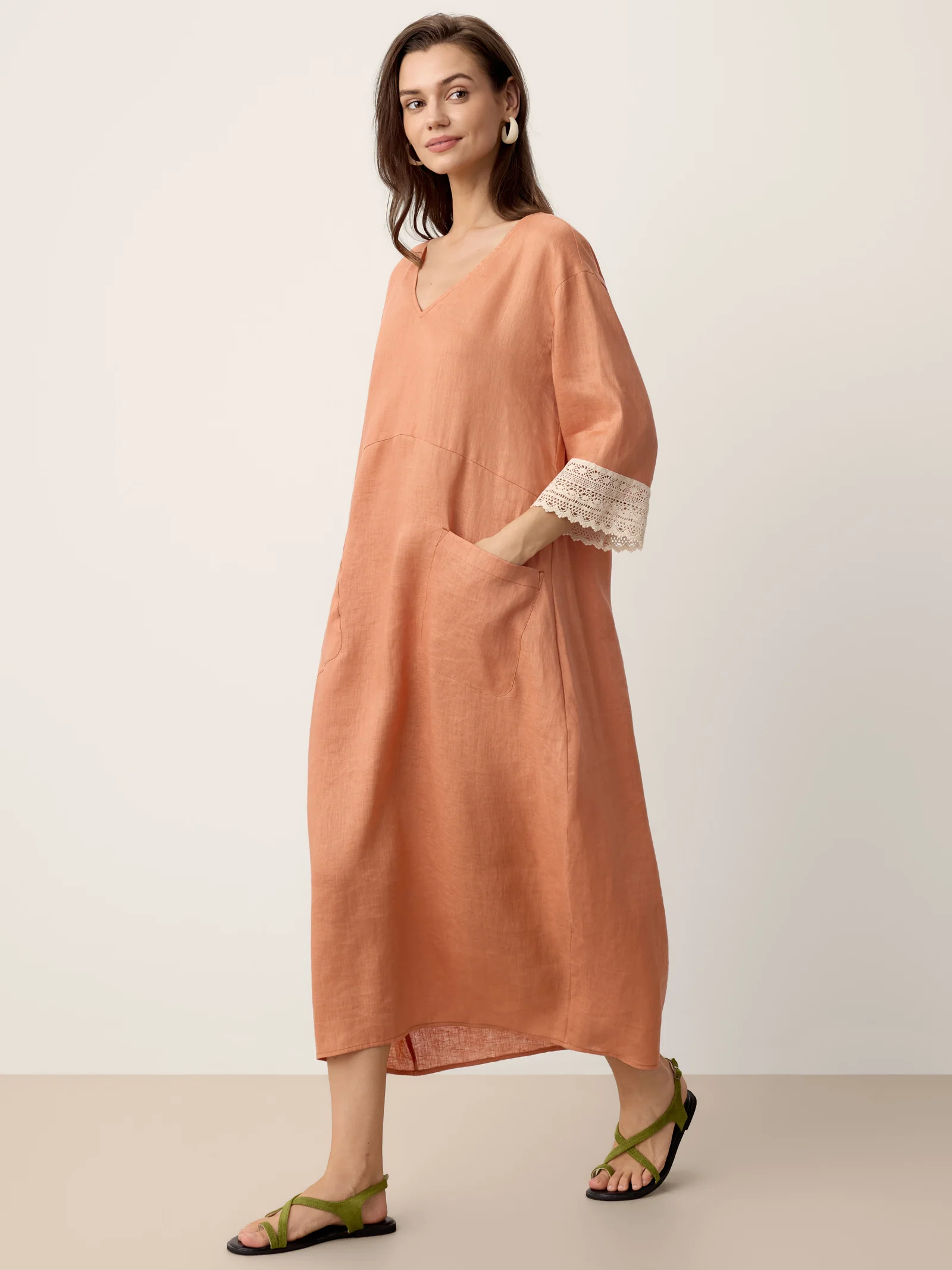 100% Linen Lace-Cuff Cocoon Maxi Dress PETRA - Image 6