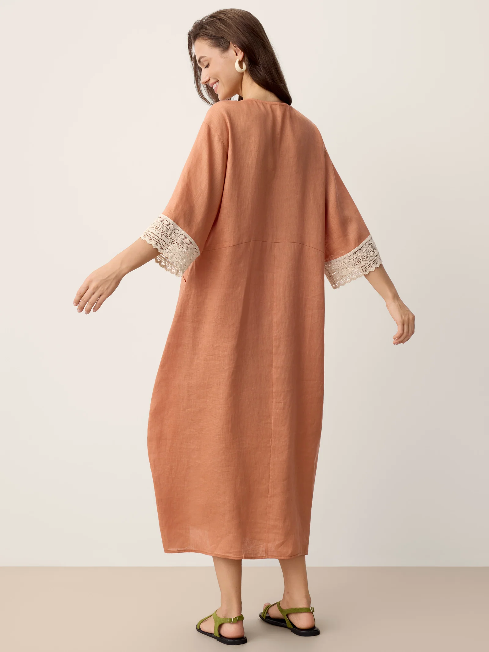 100% Linen Lace-Cuff Cocoon Maxi Dress PETRA - Image 7