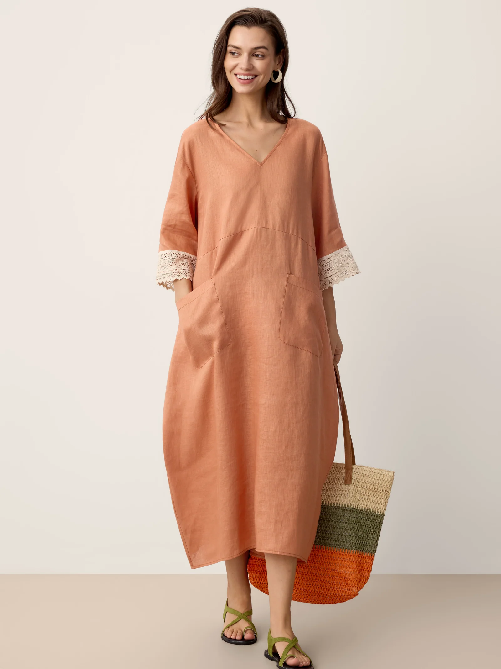 100% Linen Lace-Cuff Cocoon Maxi Dress PETRA - Image 8