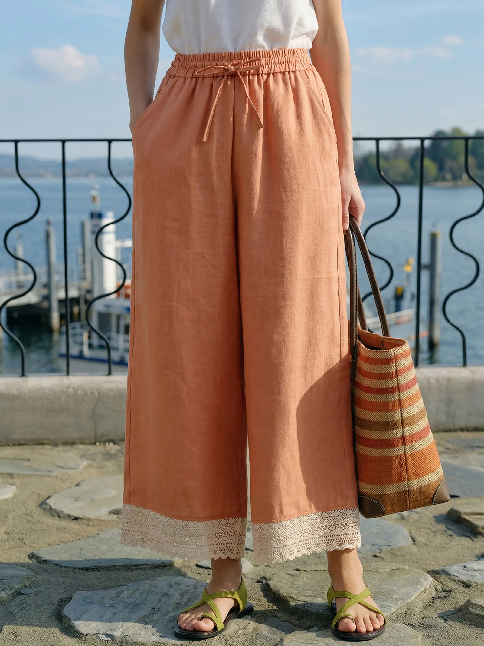 100% Linen Lace-Hem Wide-Leg Pants DARBY - Image 2