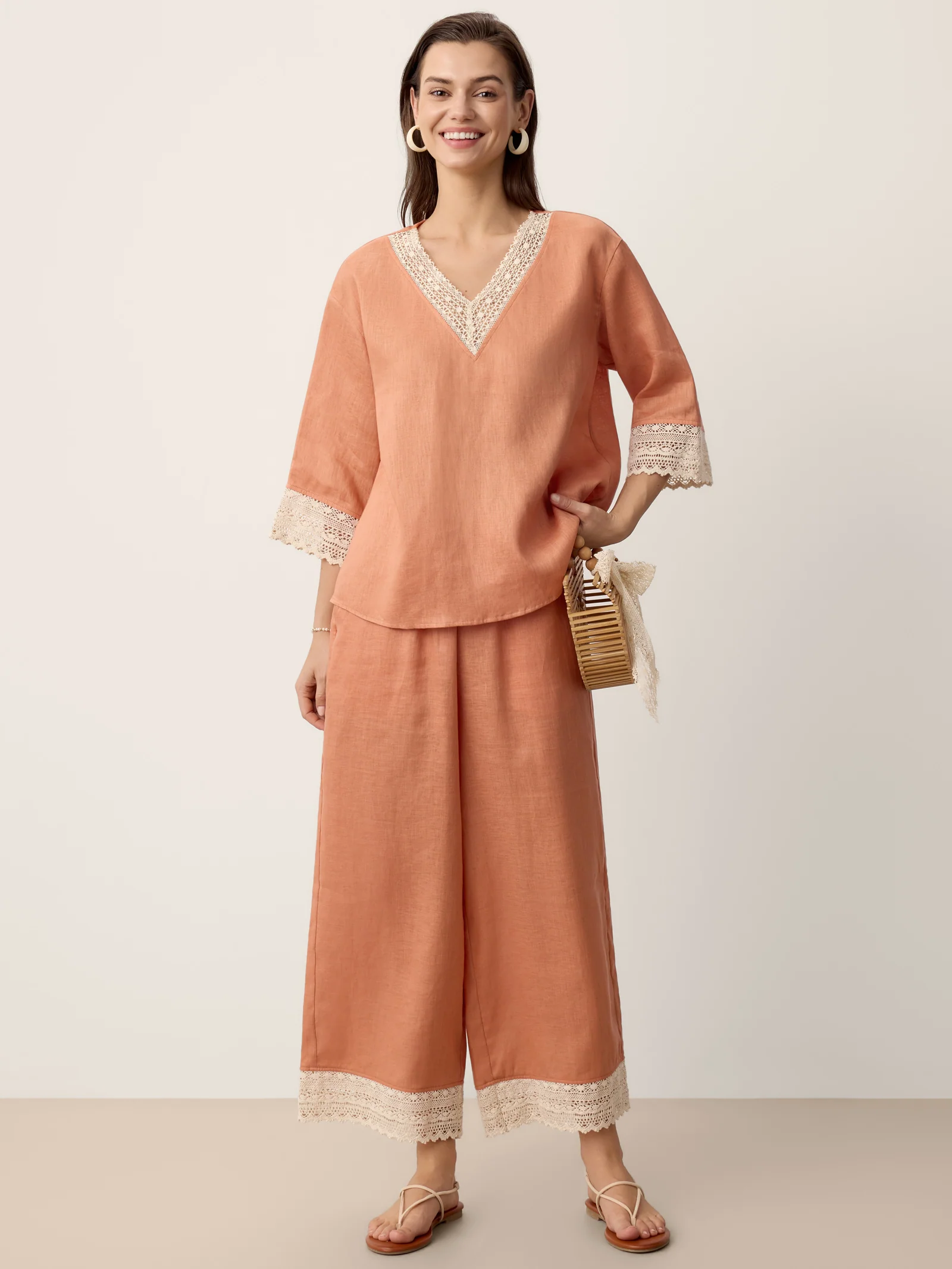 100% Linen Lace-Hem Wide-Leg Pants DARBY - Image 8