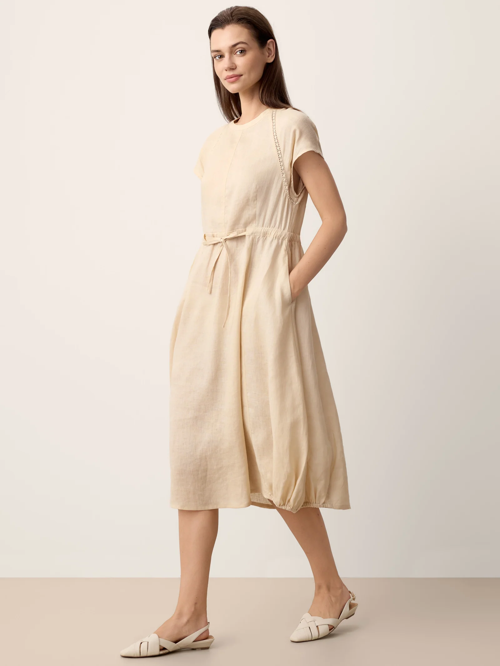 100% Linen Lace-Inset Bubble-Hem Midi Dress LORITA