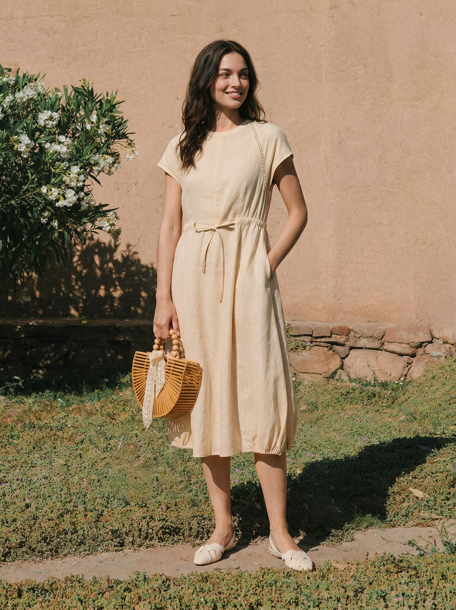 100% Linen Lace-Inset Bubble-Hem Midi Dress LORITA - Image 2