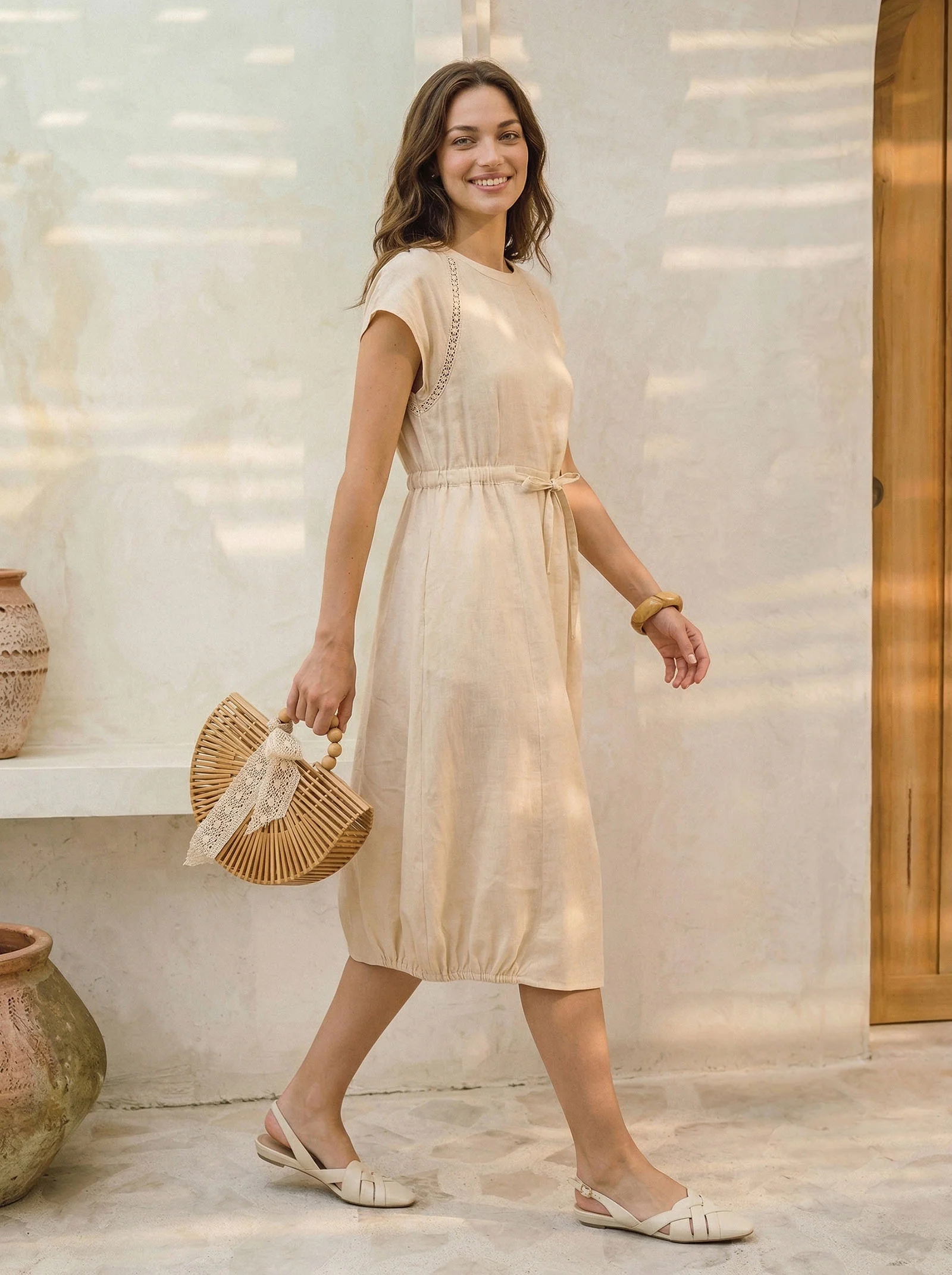 100% Linen Lace-Inset Bubble-Hem Midi Dress LORITA - Image 3
