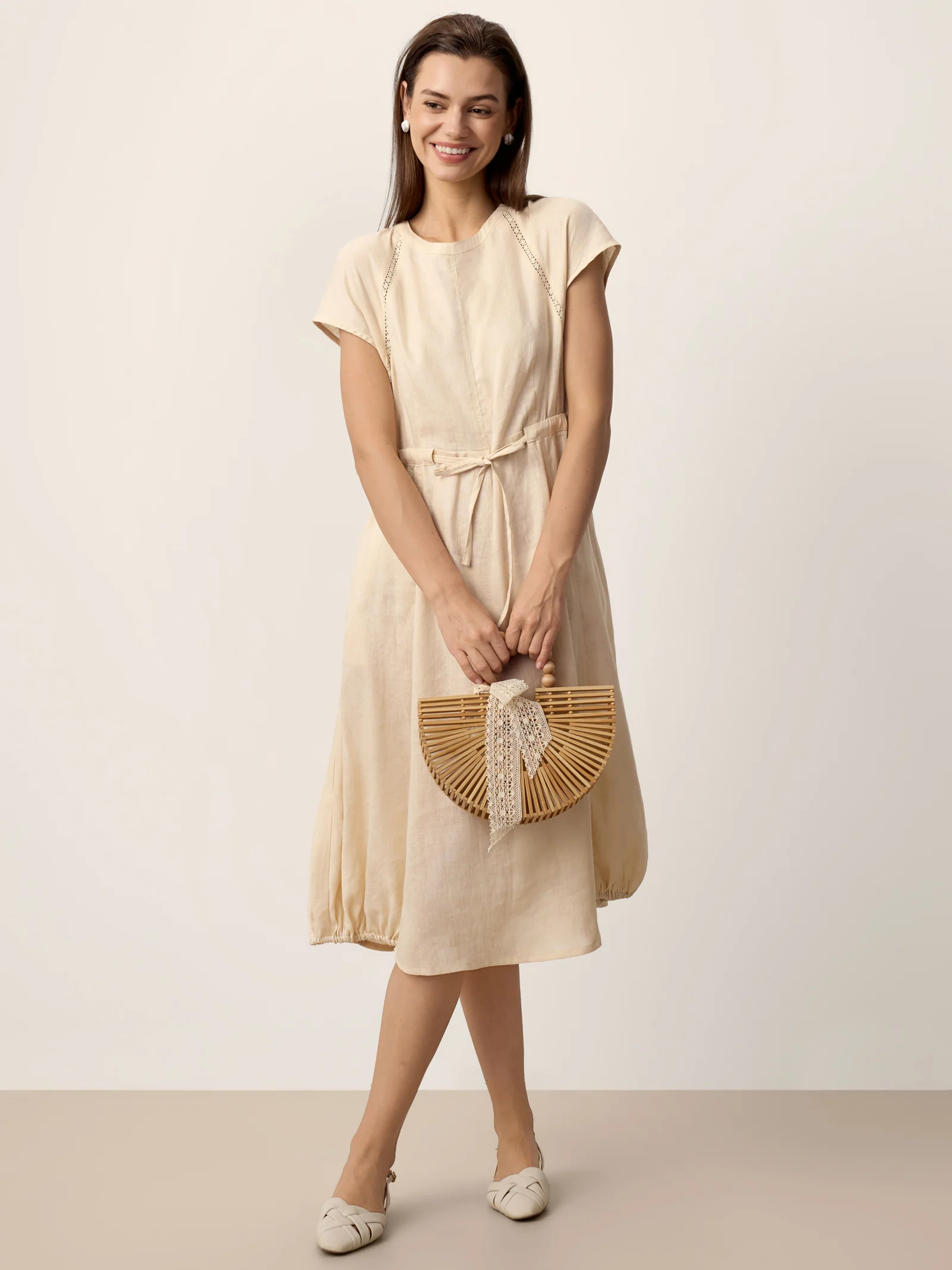 100% Linen Lace-Inset Bubble-Hem Midi Dress LORITA - Image 7