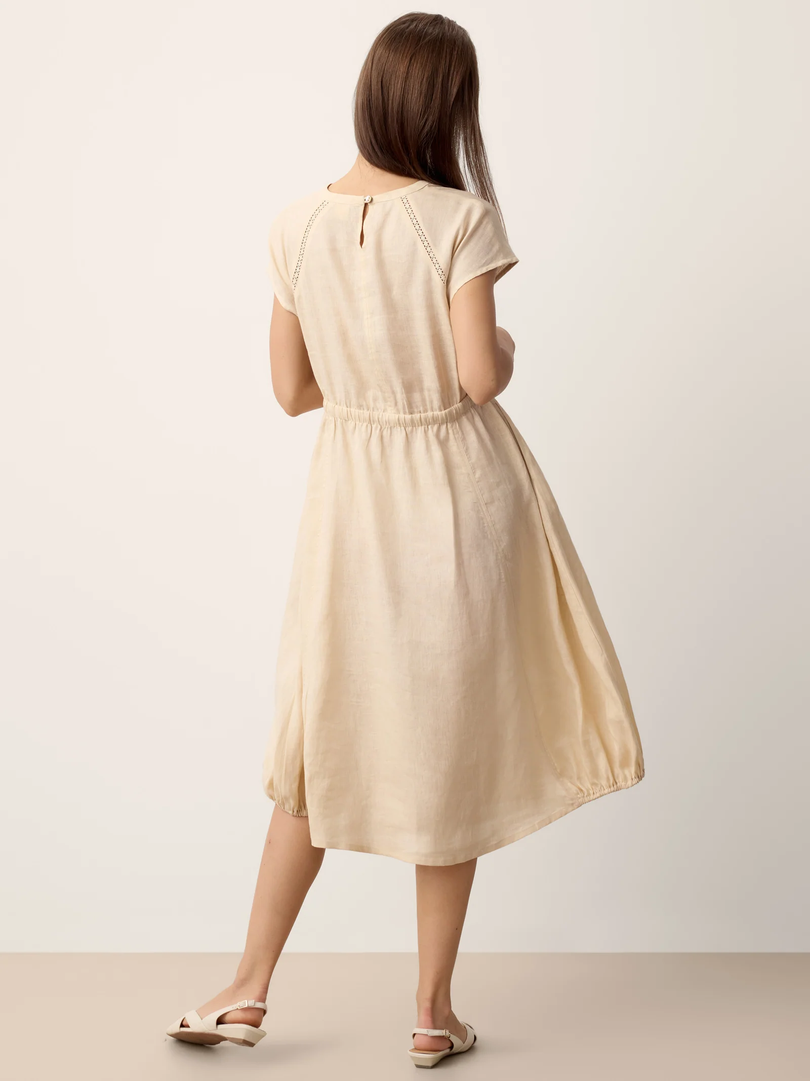 100% Linen Lace-Inset Bubble-Hem Midi Dress LORITA - Image 8