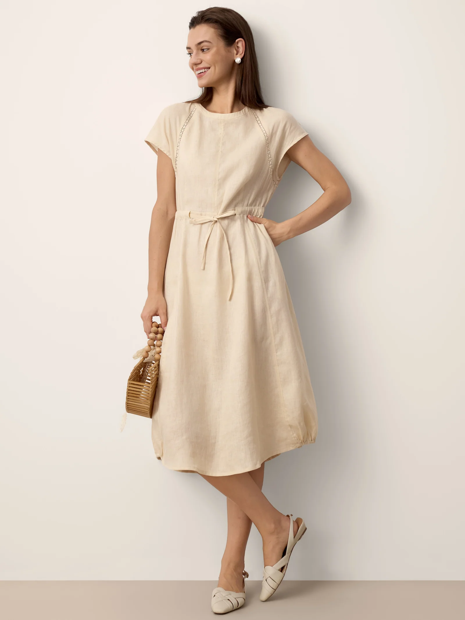 100% Linen Lace-Inset Bubble-Hem Midi Dress LORITA - Image 9