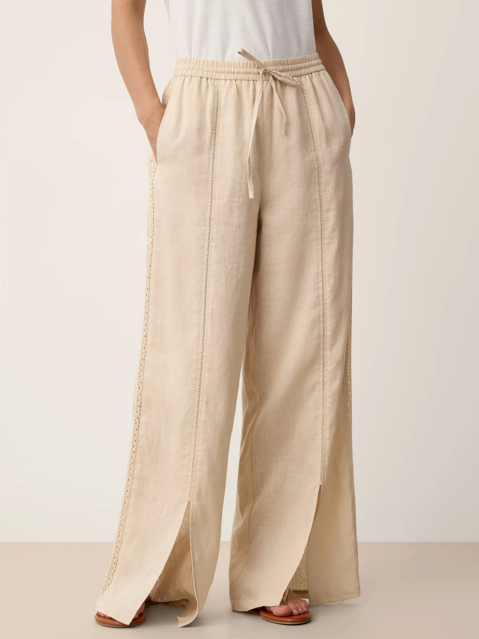 100% Linen Lace-Panel Split-Hem Pants BRONTE