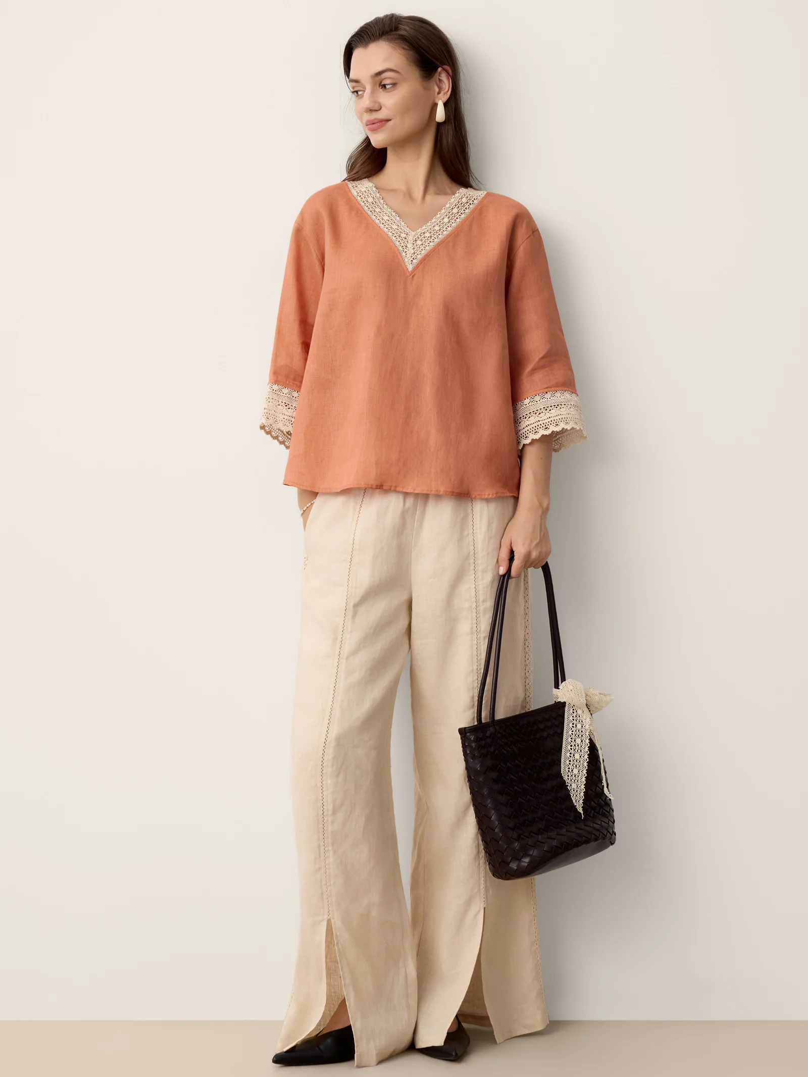 100% Linen Lace-Panel Split-Hem Pants BRONTE - Image 10