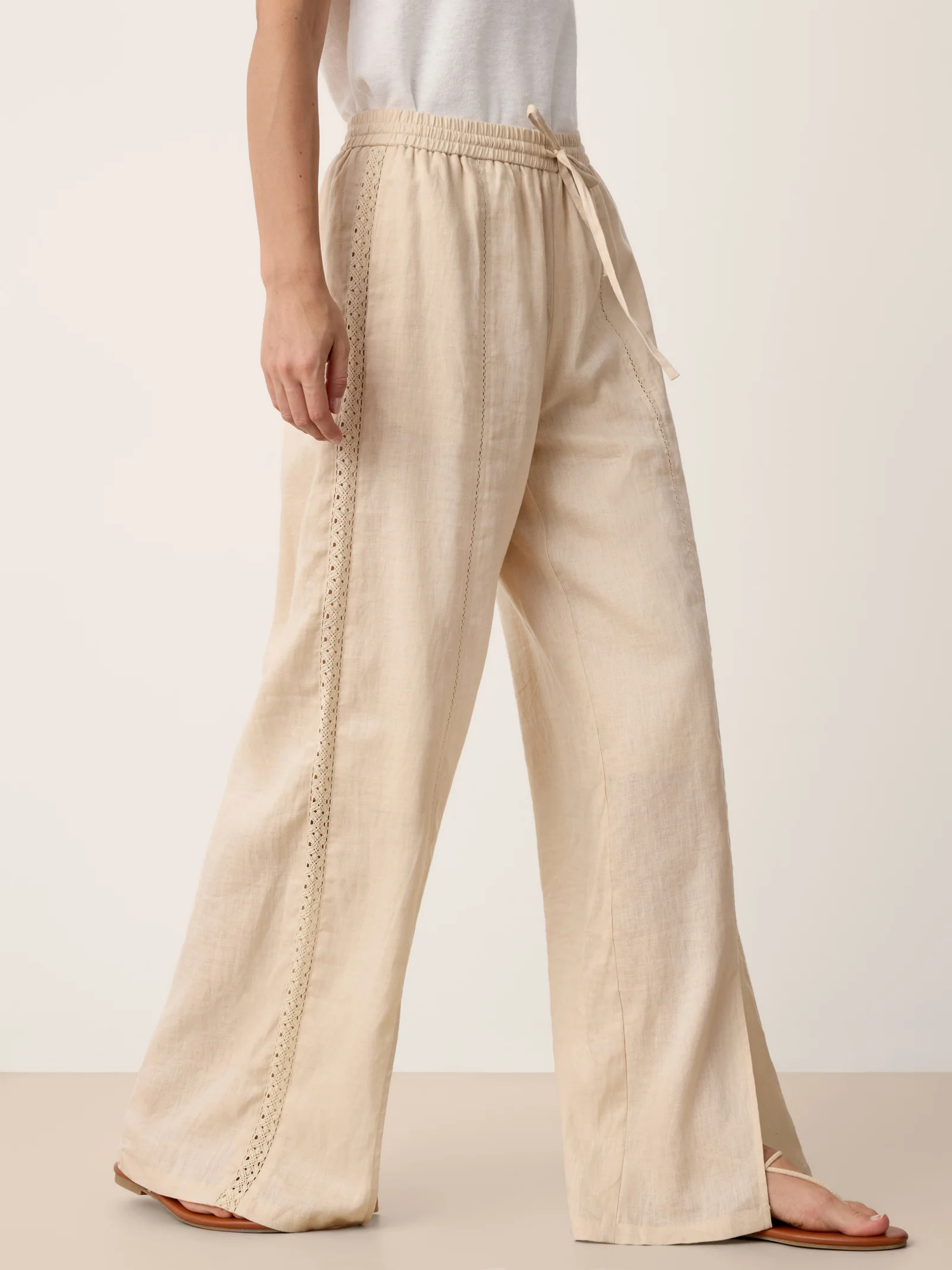 100% Linen Lace-Panel Split-Hem Pants BRONTE - Image 4