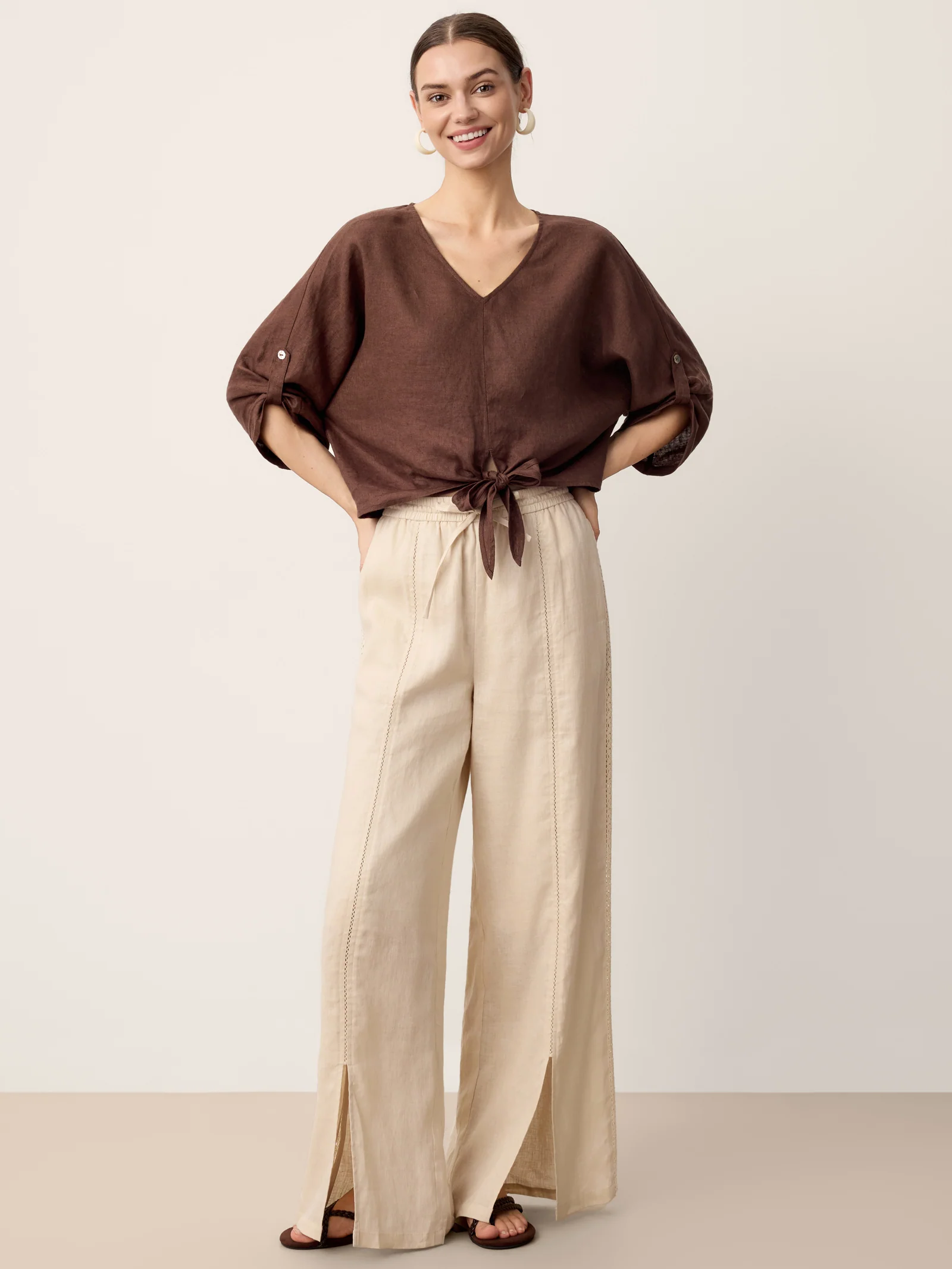 100% Linen Lace-Panel Split-Hem Pants BRONTE - Image 7