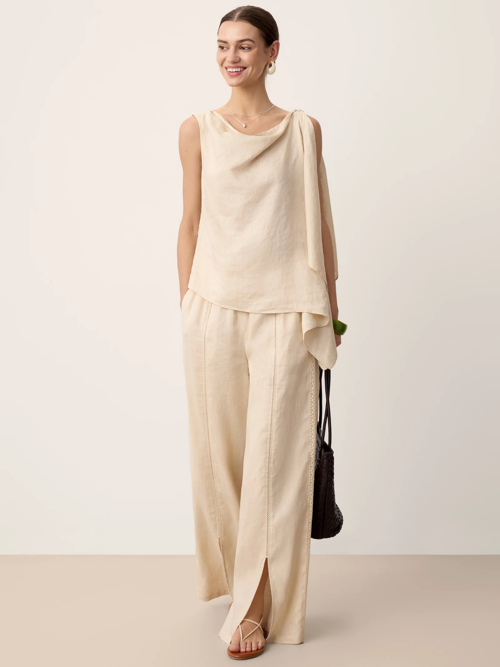 100% Linen Lace-Panel Split-Hem Pants BRONTE - Image 9