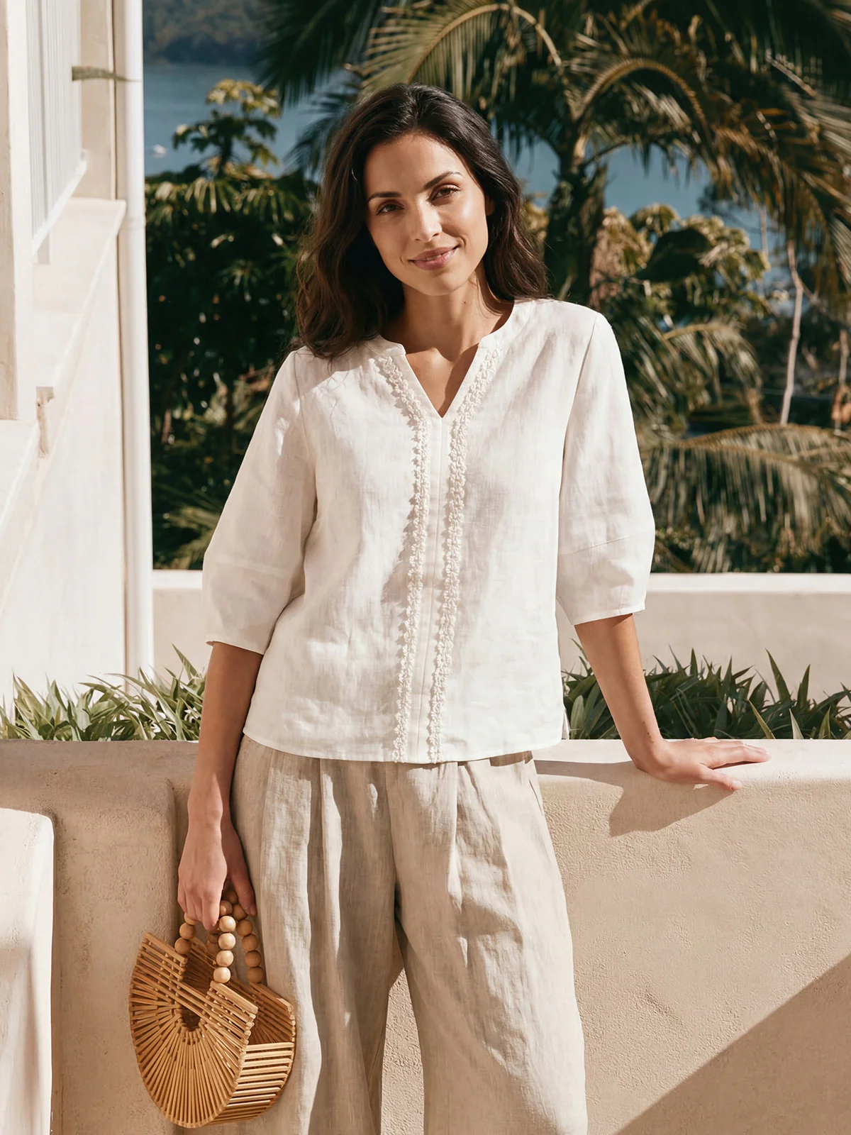 100% Linen Lace Trim Lantern Sleeve V-Neck Top LIVIAN - Image 3
