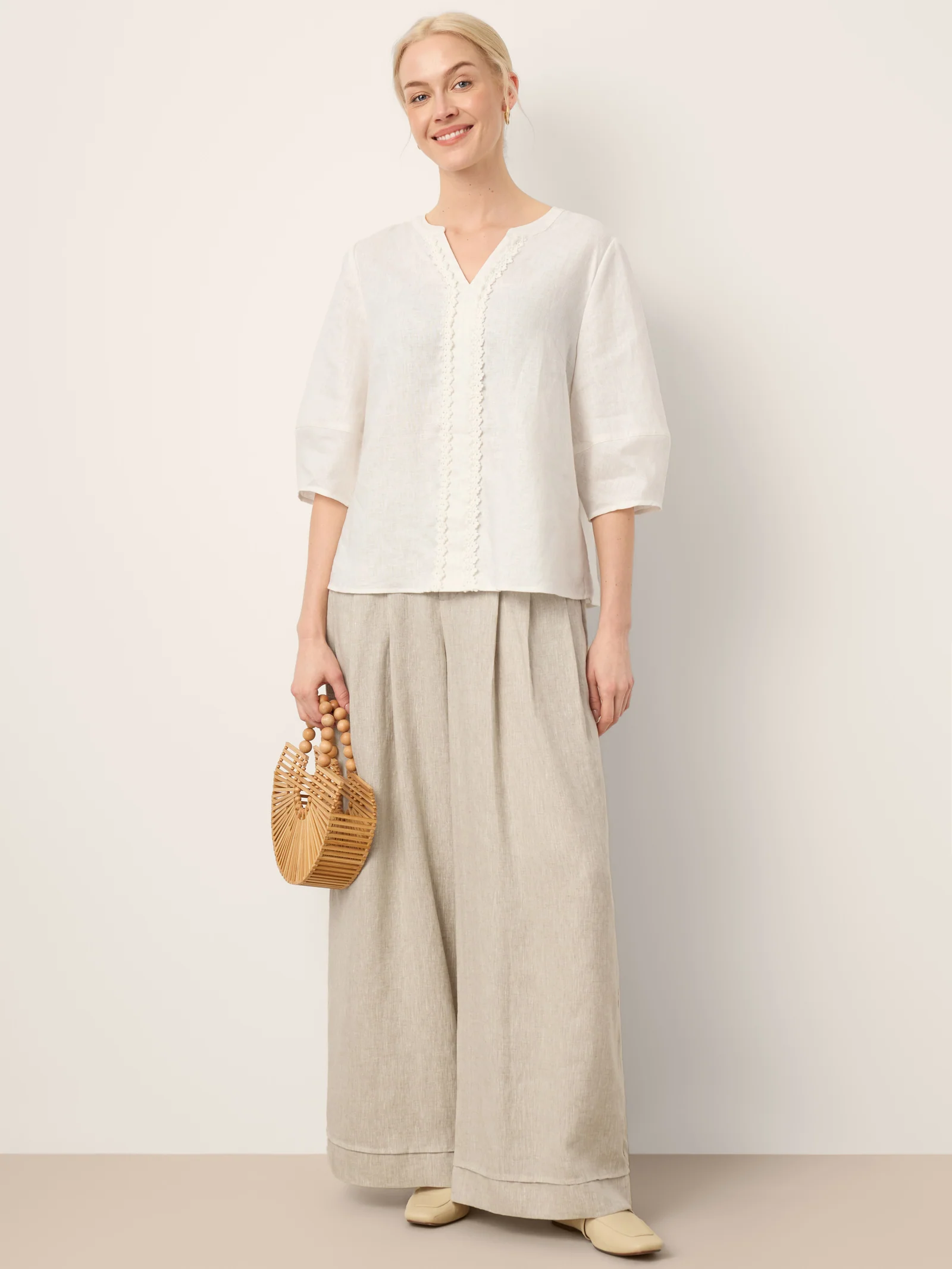 100% Linen Lace Trim Lantern Sleeve V-Neck Top LIVIAN - Image 9