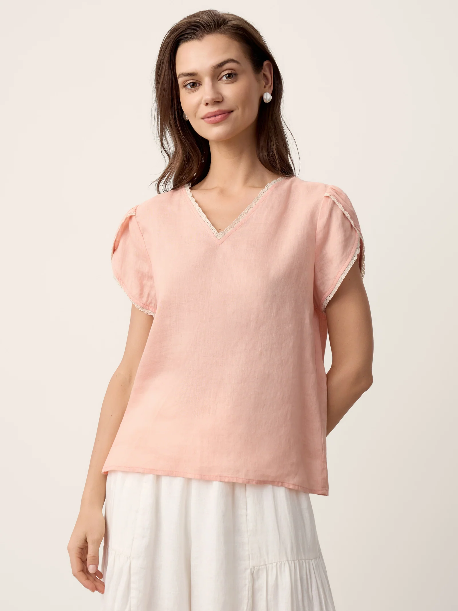 100% Linen Lace-Trim Puff-Sleeve Top NIA