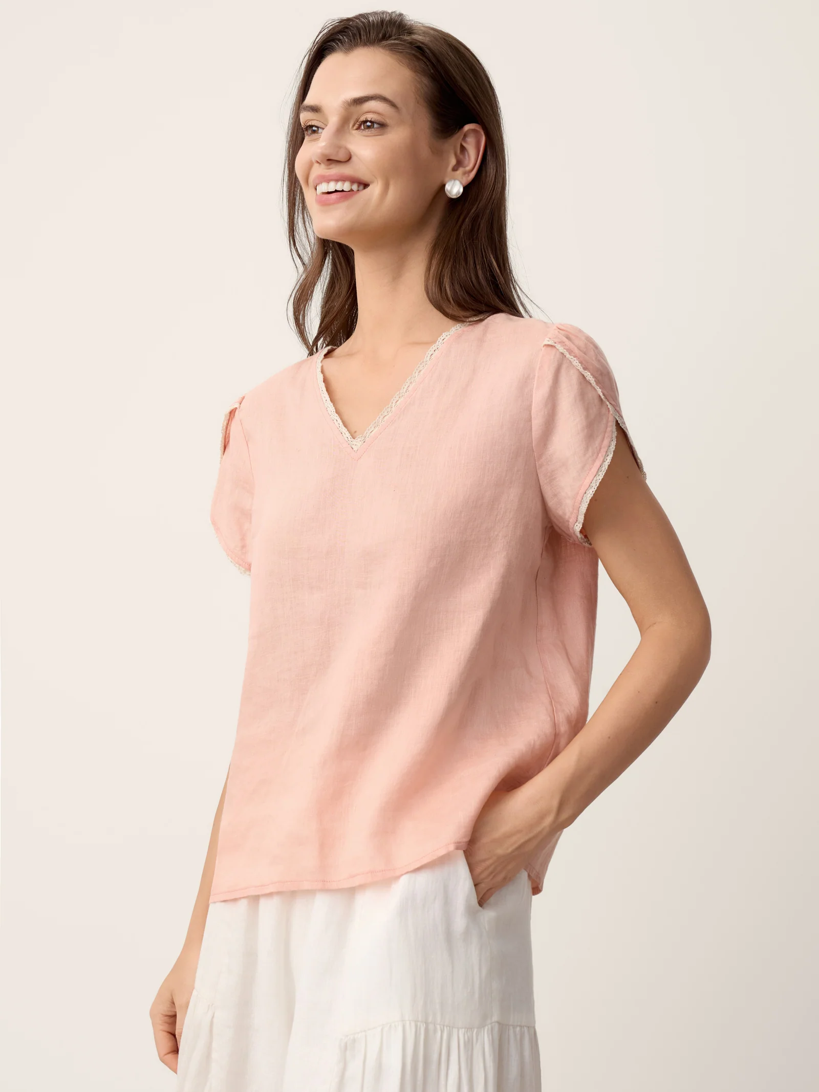 100% Linen Lace-Trim Puff-Sleeve Top NIA - Image 4