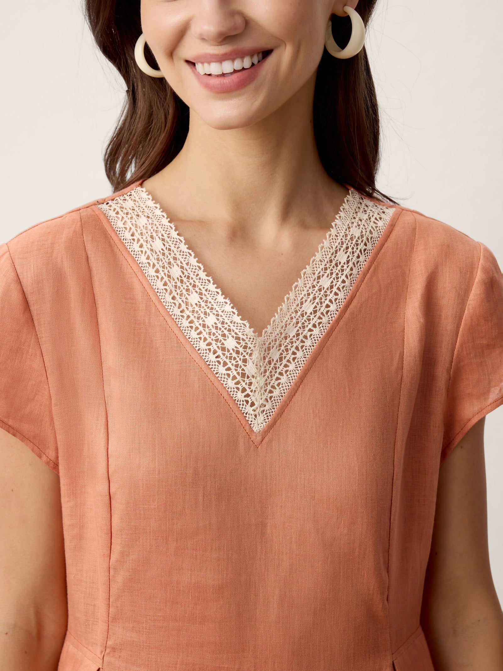 100% Linen Lace-Trim V-Neck Tailored-Waist Midi Dress ELENI - Image 4