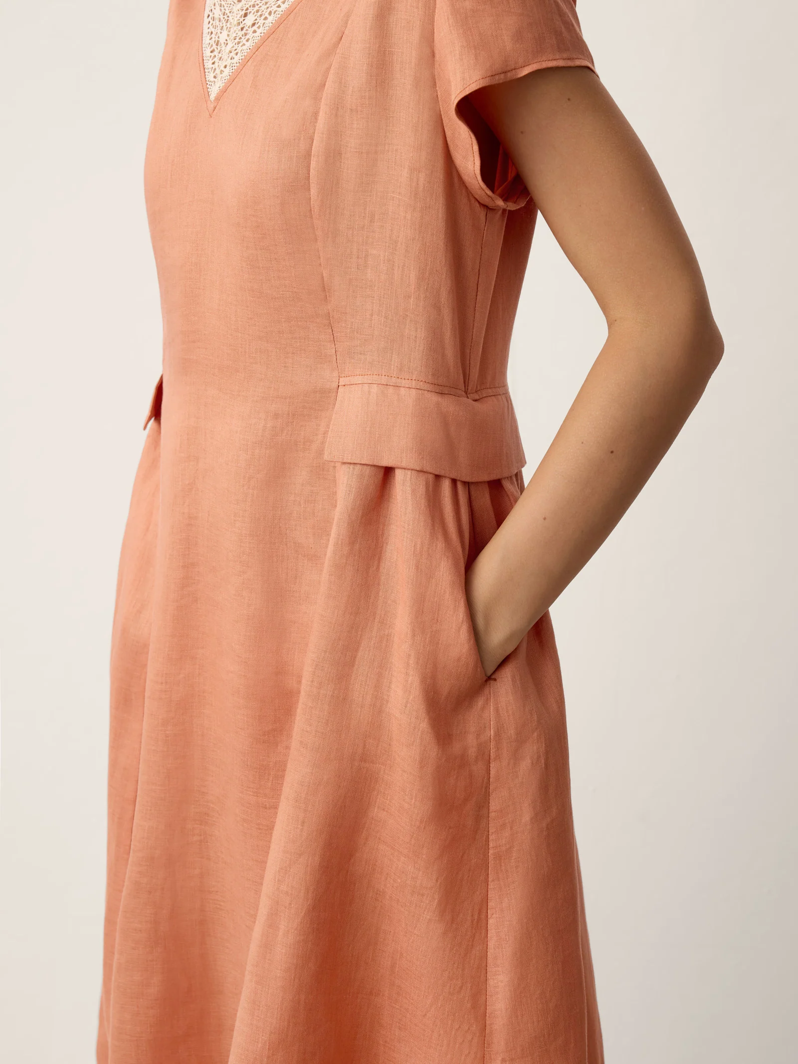 100% Linen Lace-Trim V-Neck Tailored-Waist Midi Dress ELENI - Image 5