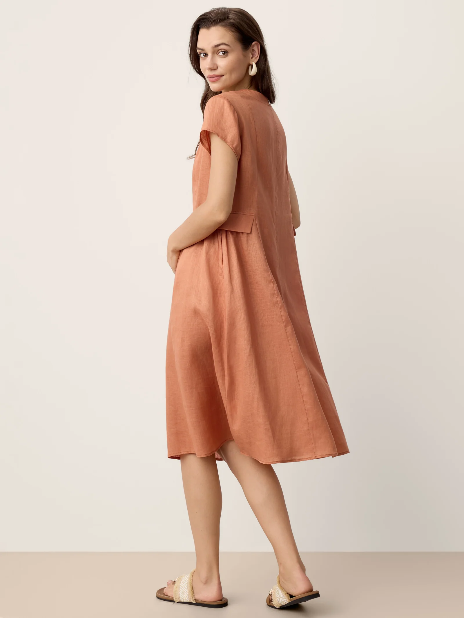 100% Linen Lace-Trim V-Neck Tailored-Waist Midi Dress ELENI - Image 6