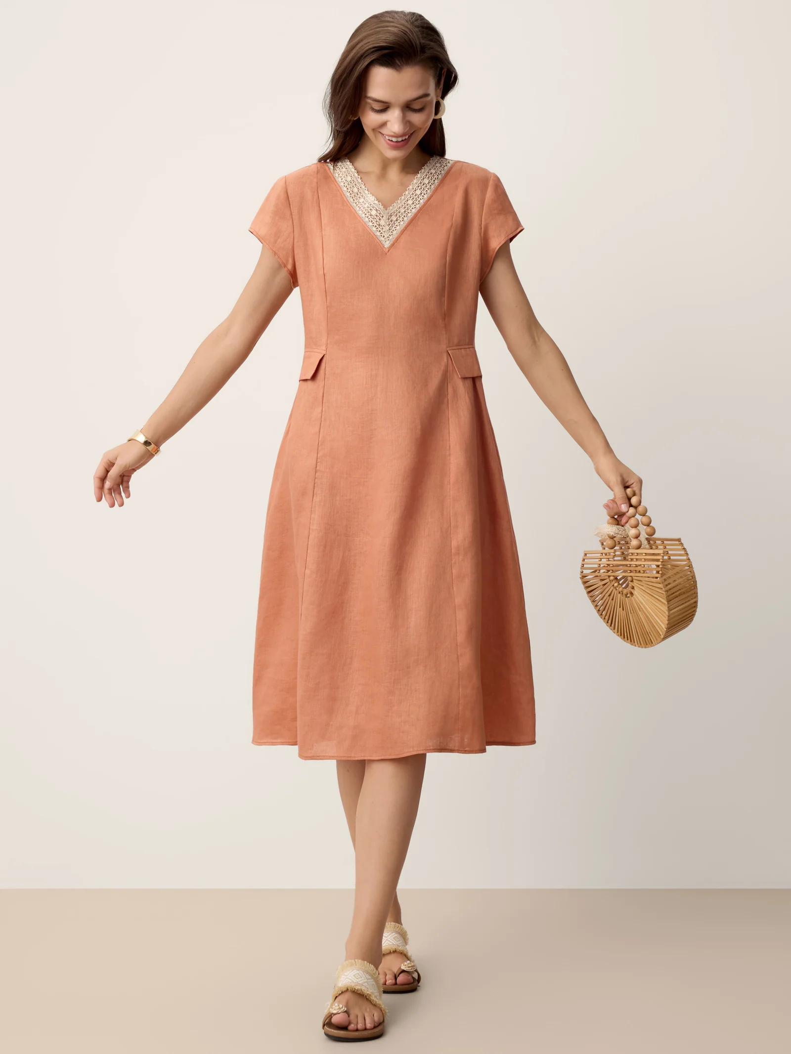 100% Linen Lace-Trim V-Neck Tailored-Waist Midi Dress ELENI - Image 7