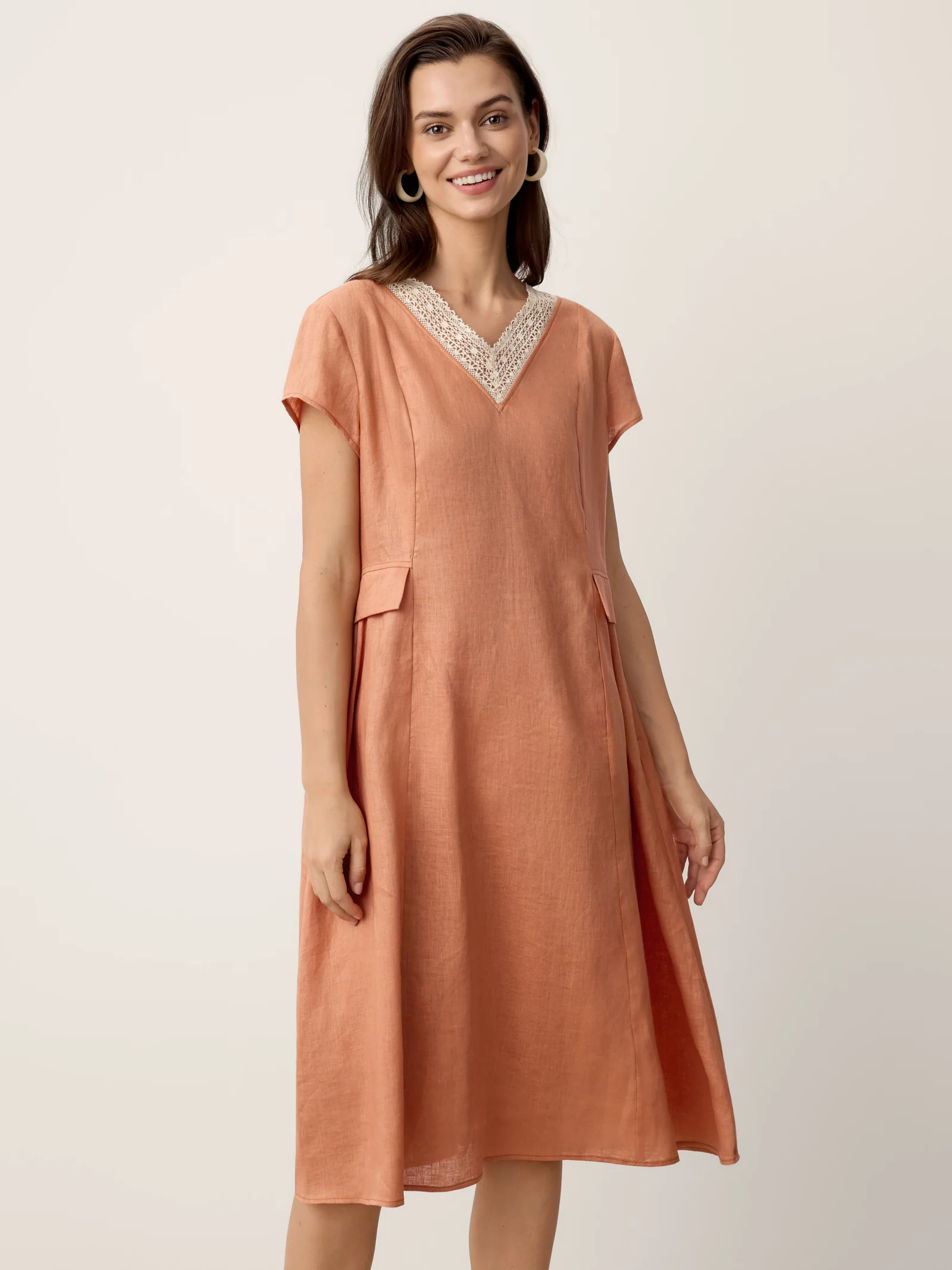 100% Linen Lace-Trim V-Neck Tailored-Waist Midi Dress ELENI - Image 8