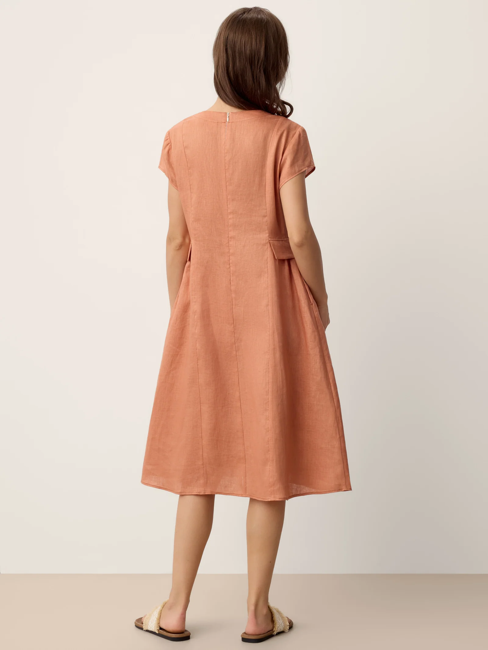 100% Linen Lace-Trim V-Neck Tailored-Waist Midi Dress ELENI - Image 9