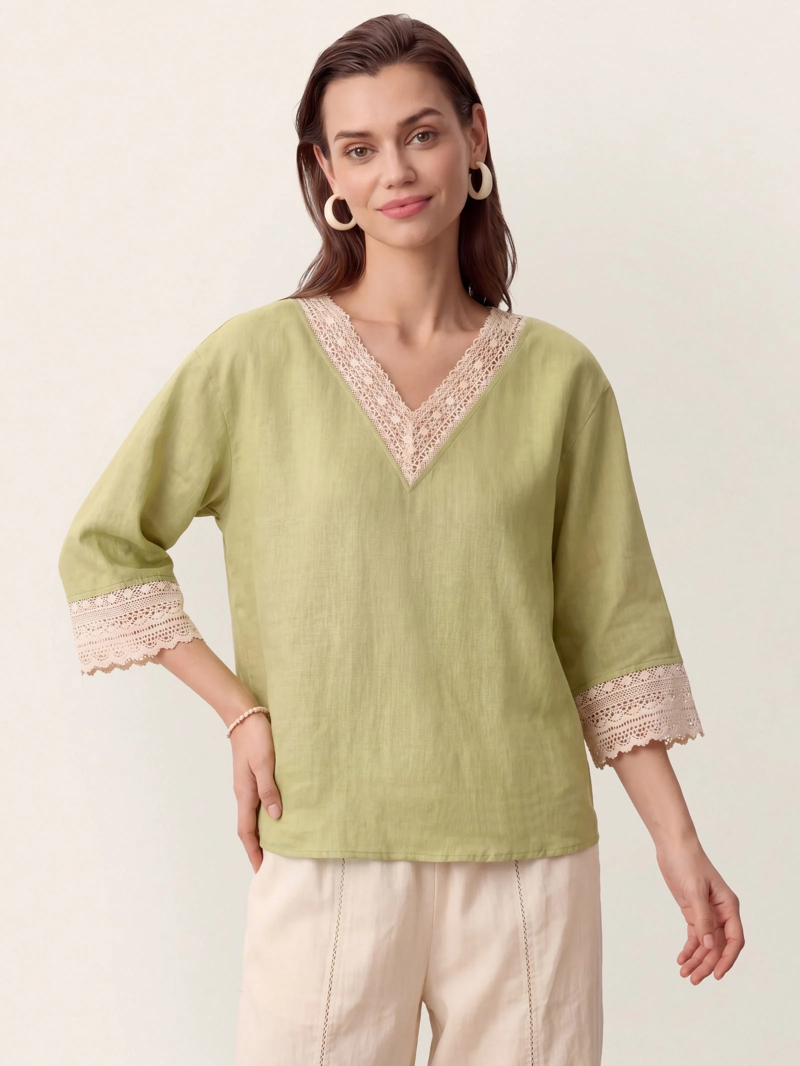 100% Linen Lace-Trim V-Neck Top KEELY - Image 10