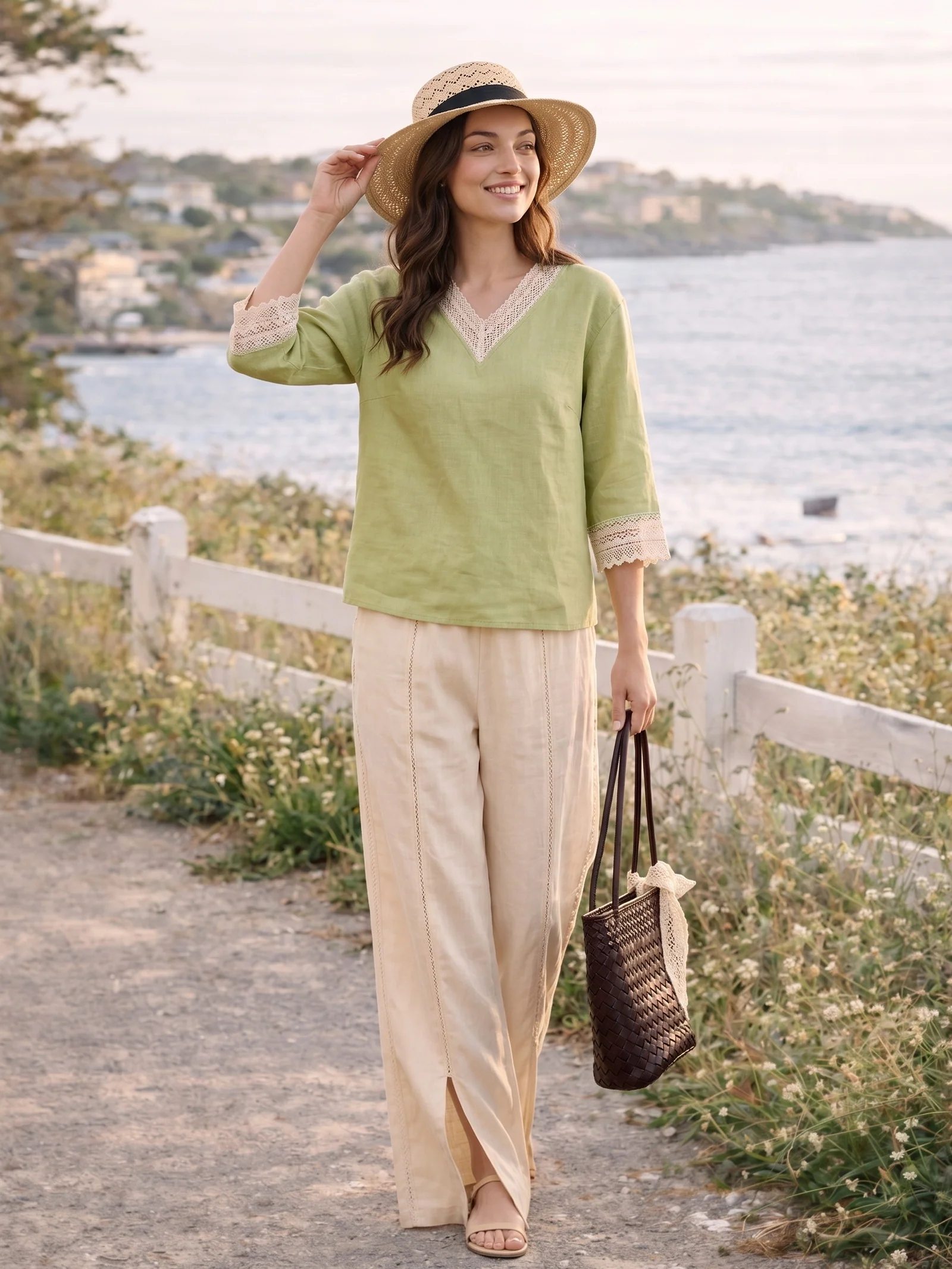 100% Linen Lace-Trim V-Neck Top KEELY - Image 11