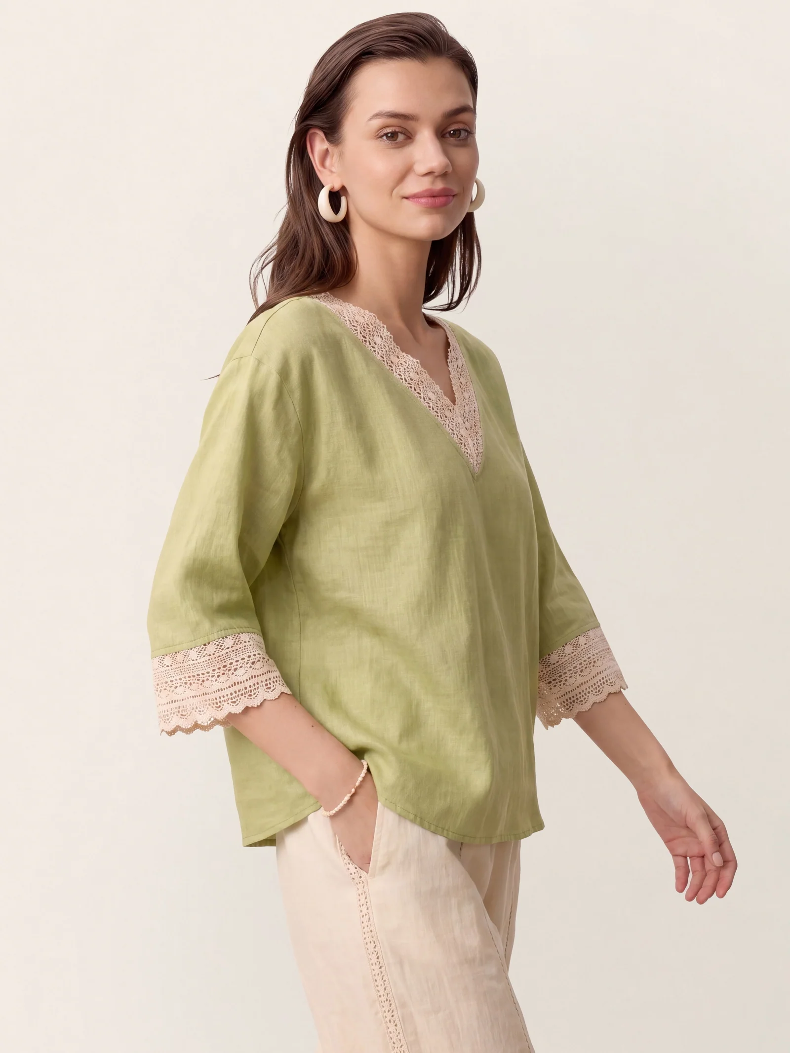 100% Linen Lace-Trim V-Neck Top KEELY - Image 13