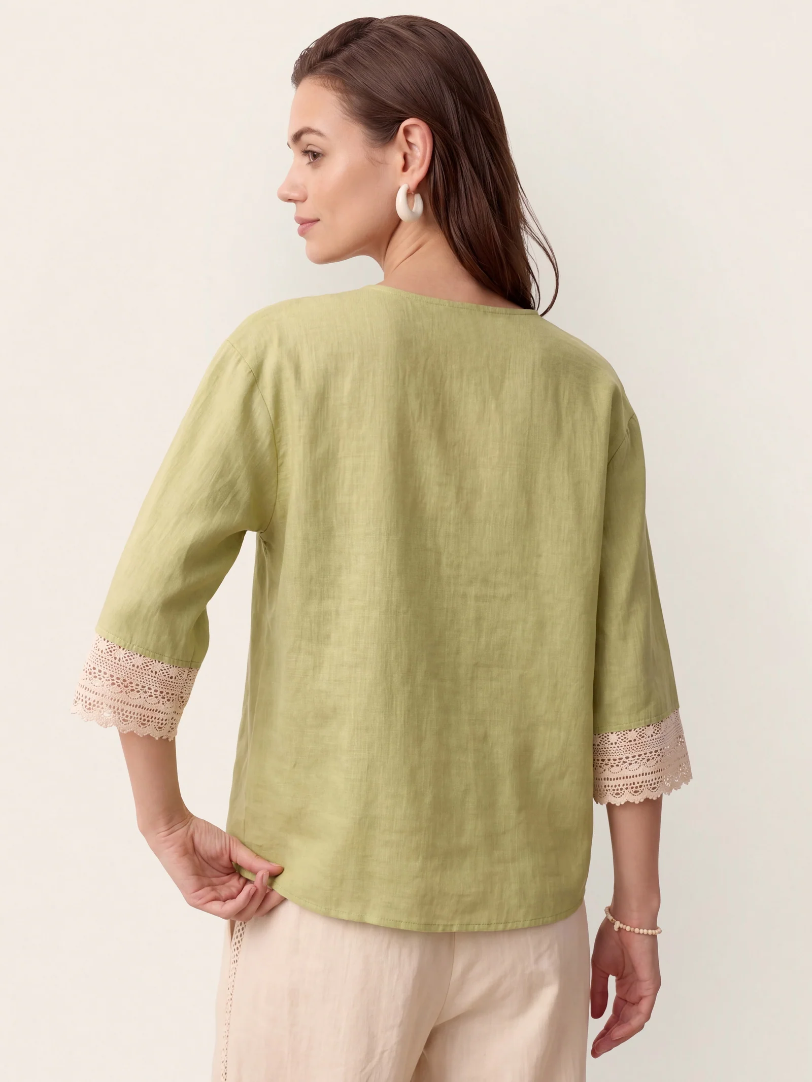 100% Linen Lace-Trim V-Neck Top KEELY - Image 16