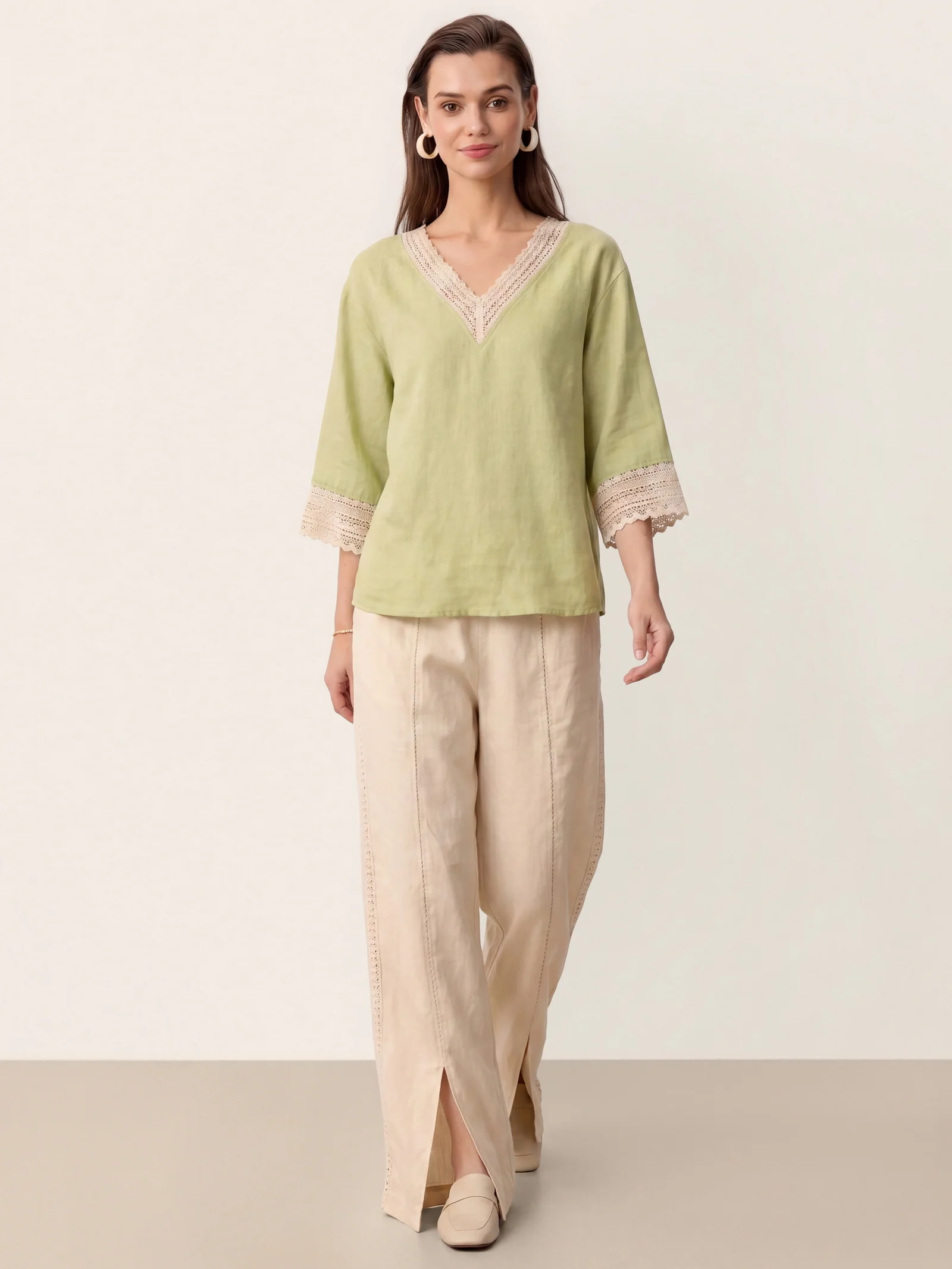 100% Linen Lace-Trim V-Neck Top KEELY - Image 17