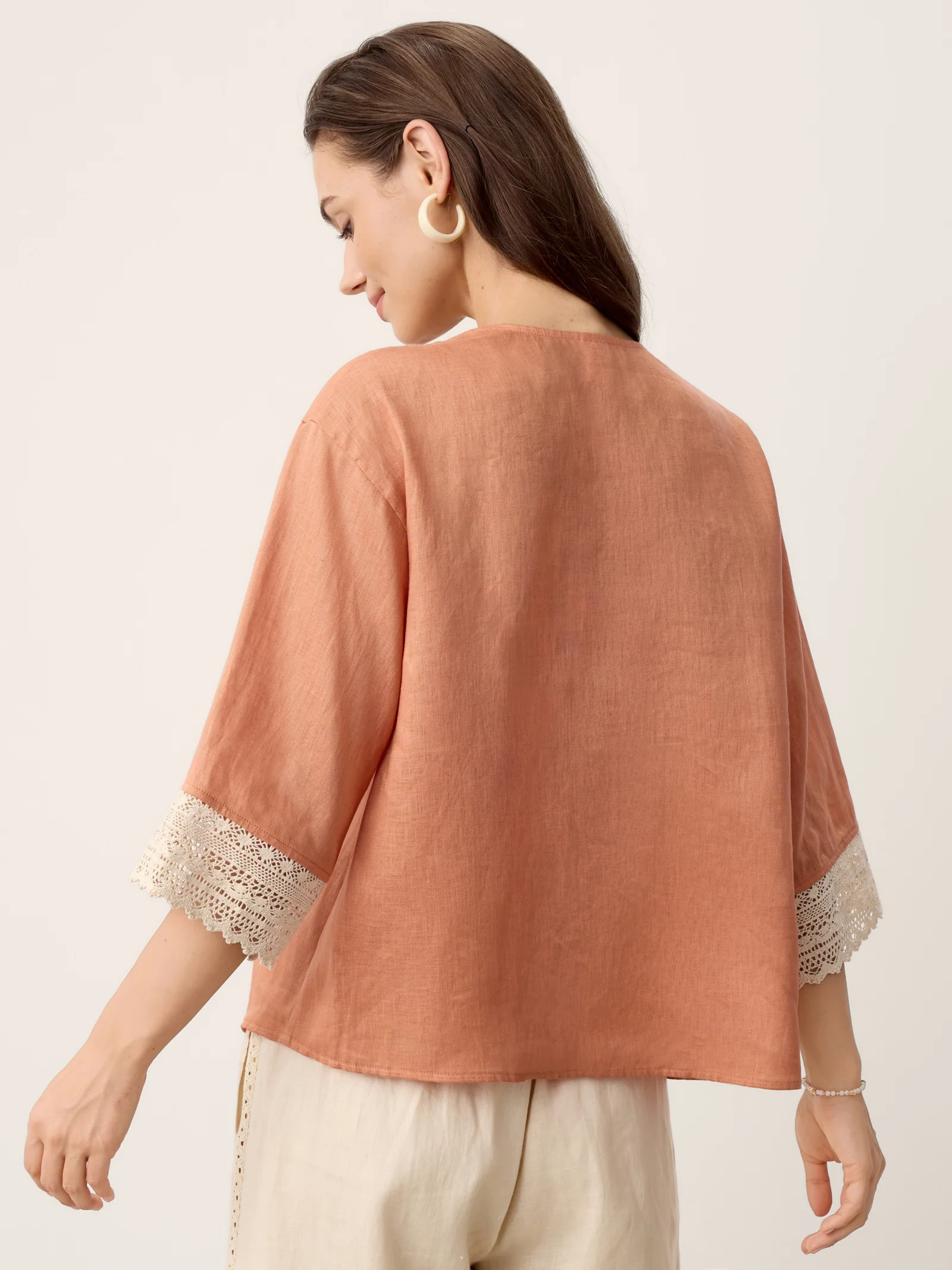 100% Linen Lace-Trim V-Neck Top KEELY - Image 7