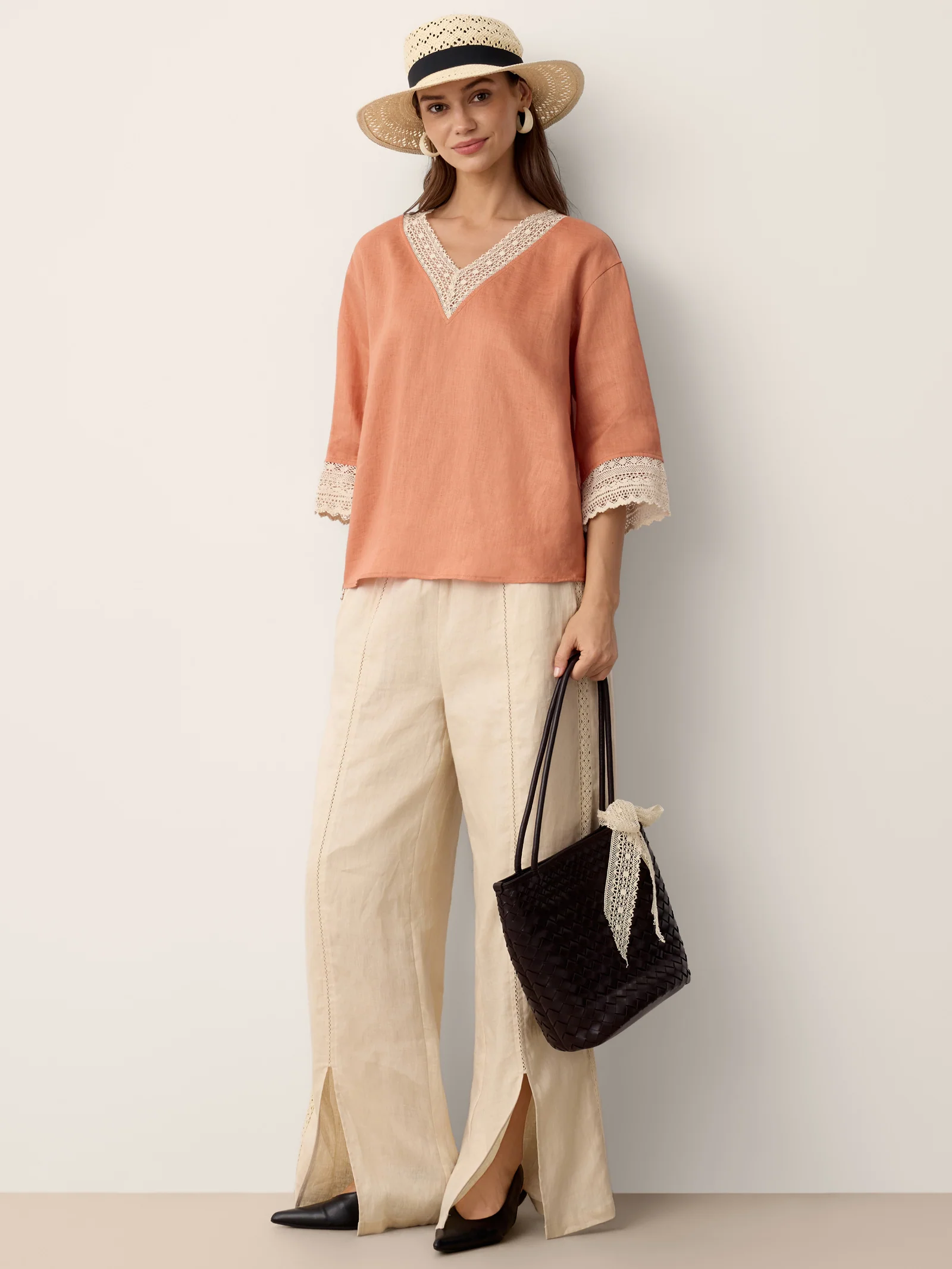 100% Linen Lace-Trim V-Neck Top KEELY - Image 8