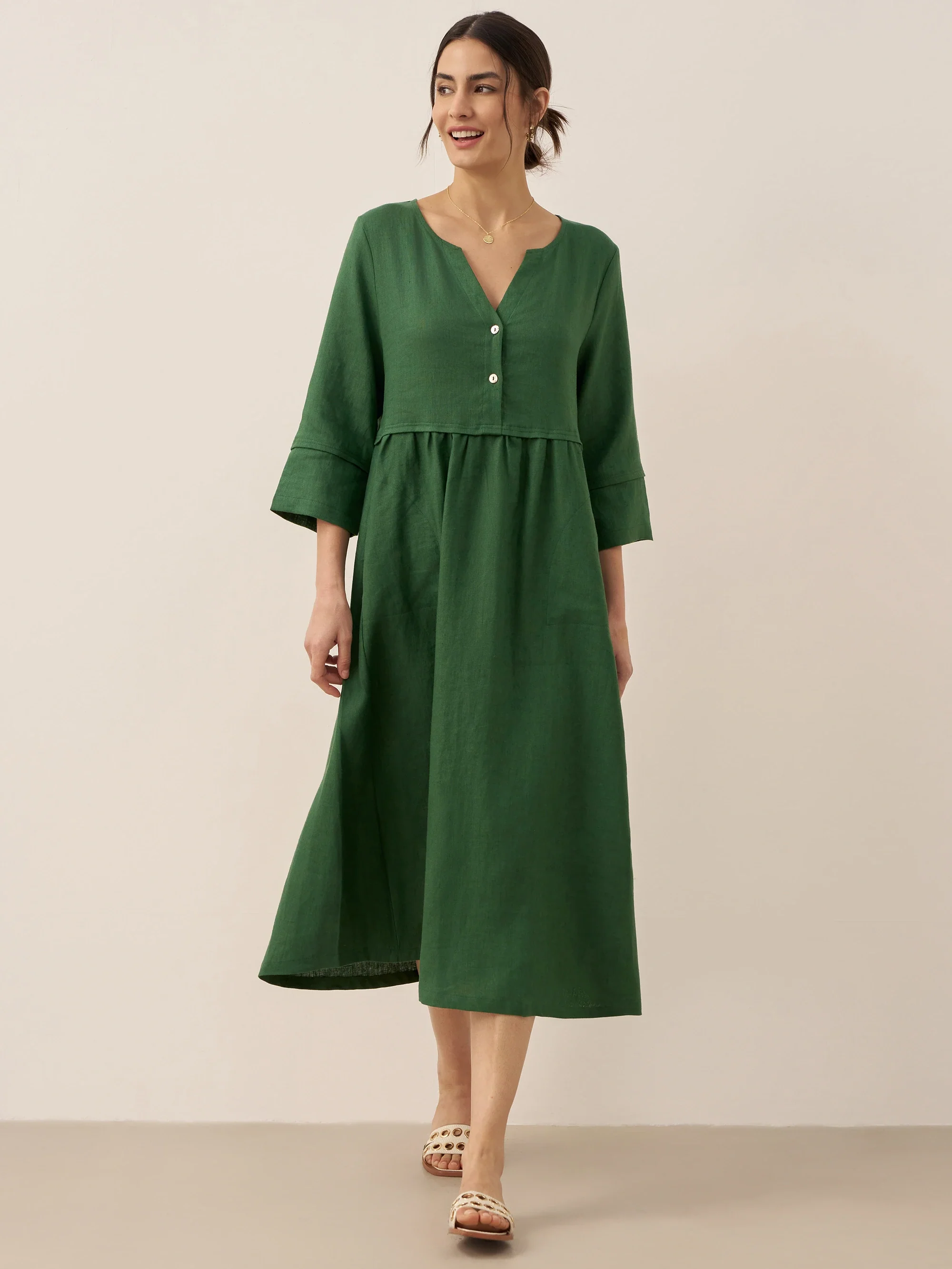 100% Linen Loose Fit Button Waist Gathered Maxi Dress LUNA - Image 15