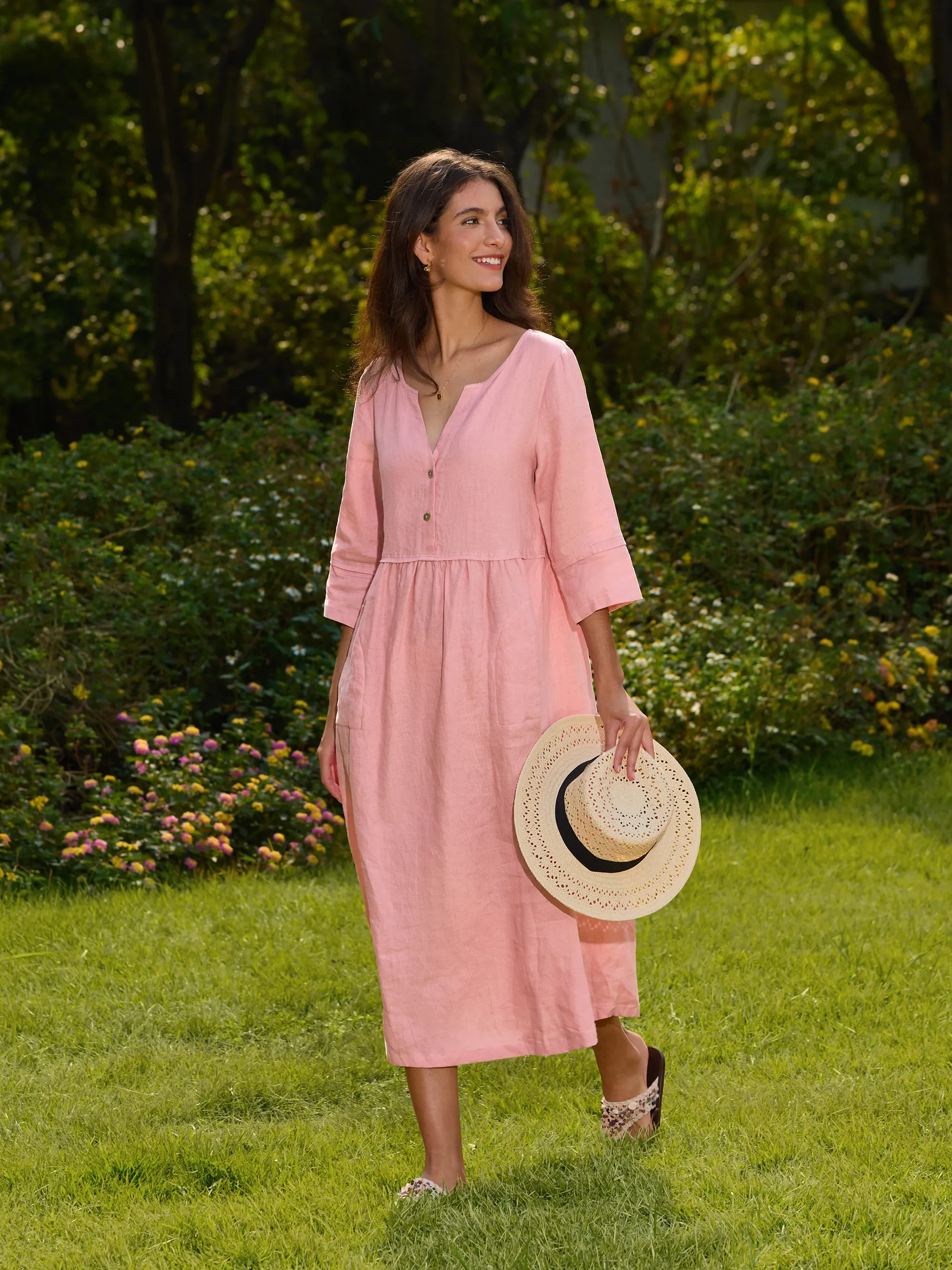 100% Linen Loose Fit Button Waist Gathered Maxi Dress LUNA - Image 3
