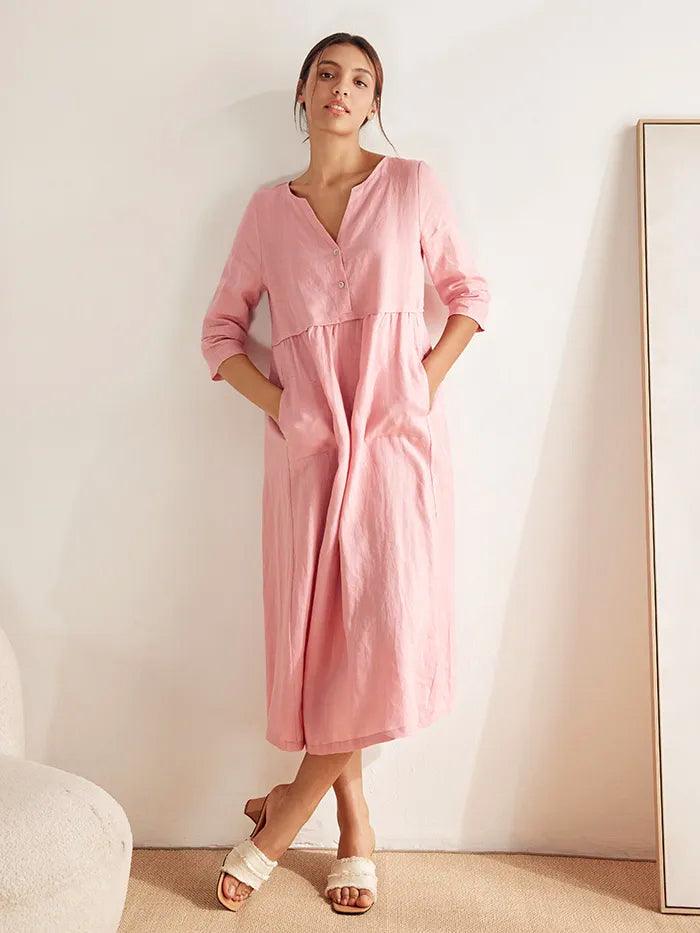 100% Linen Loose Fit Button Waist Gathered Maxi Dress LUNA - Image 4