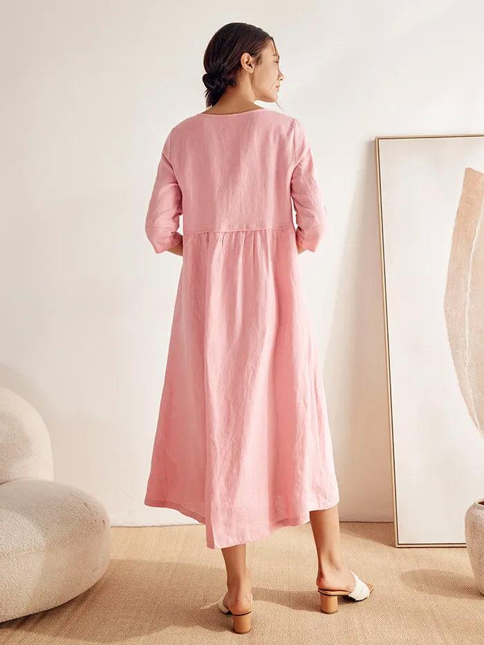 100% Linen Loose Fit Button Waist Gathered Maxi Dress LUNA - Image 5