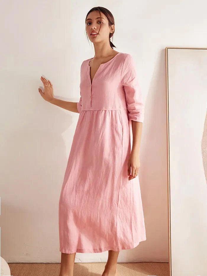 100% Linen Loose Fit Button Waist Gathered Maxi Dress LUNA - Image 6