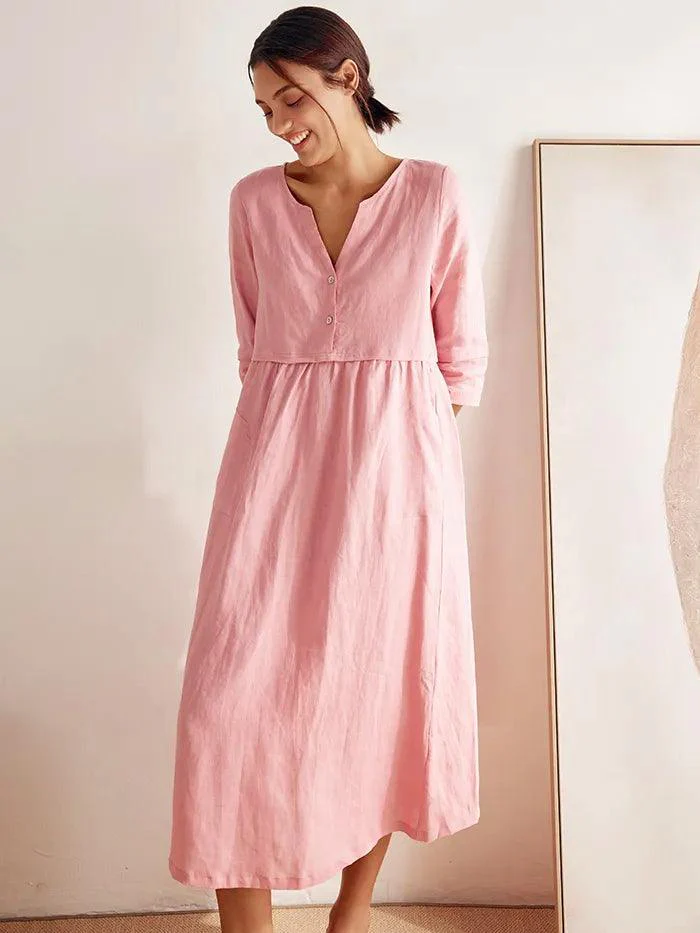 100% Linen Loose Fit Button Waist Gathered Maxi Dress LUNA - Image 7