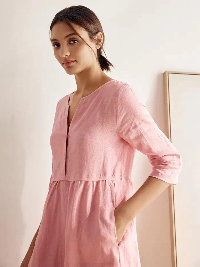 100% Linen Loose Fit Button Waist Gathered Maxi Dress LUNA - Image 8