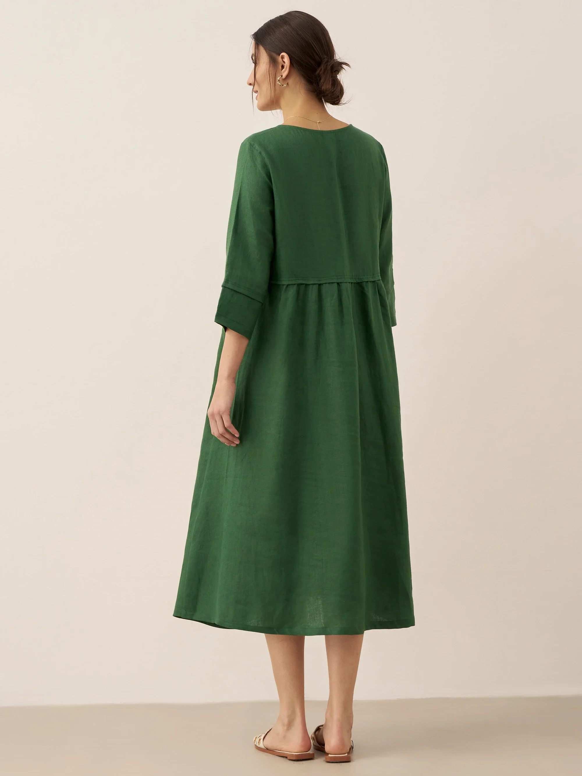 100% Linen Loose Fit Button Waist Gathered Maxi Dress LUNA - Image 16