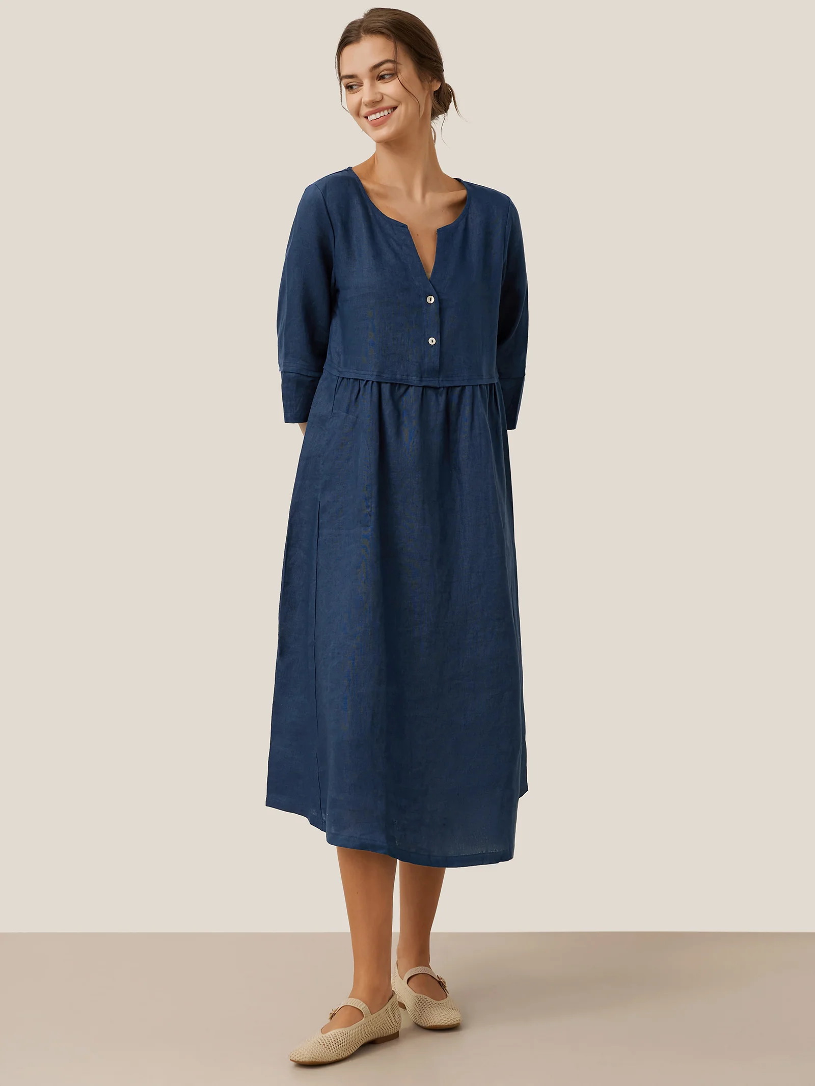 100% Linen Loose Fit Button Waist Gathered Maxi Dress LUNA - Image 23