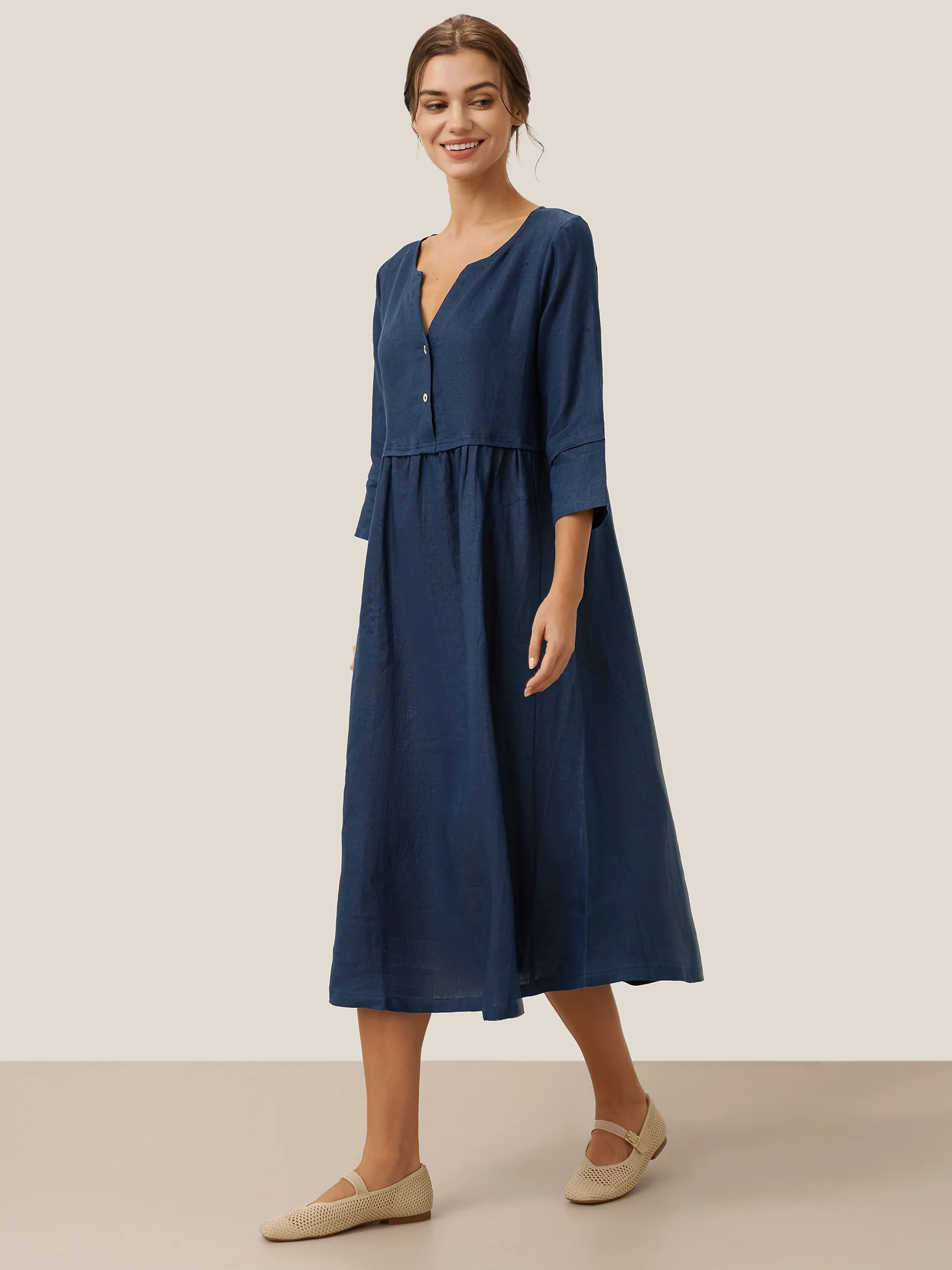 100% Linen Loose Fit Button Waist Gathered Maxi Dress LUNA - Image 24