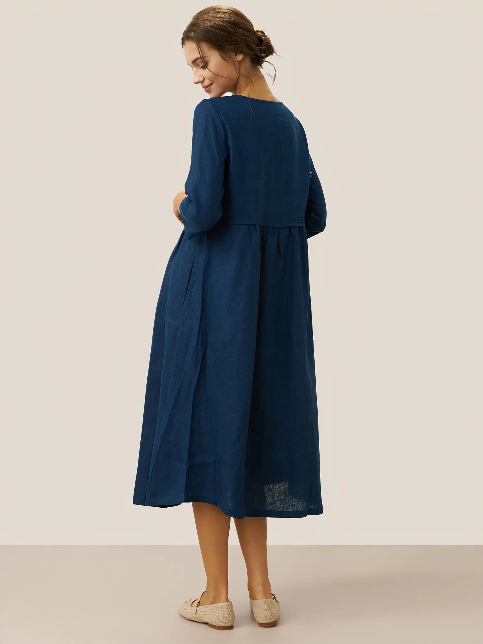 100% Linen Loose Fit Button Waist Gathered Maxi Dress LUNA - Image 25