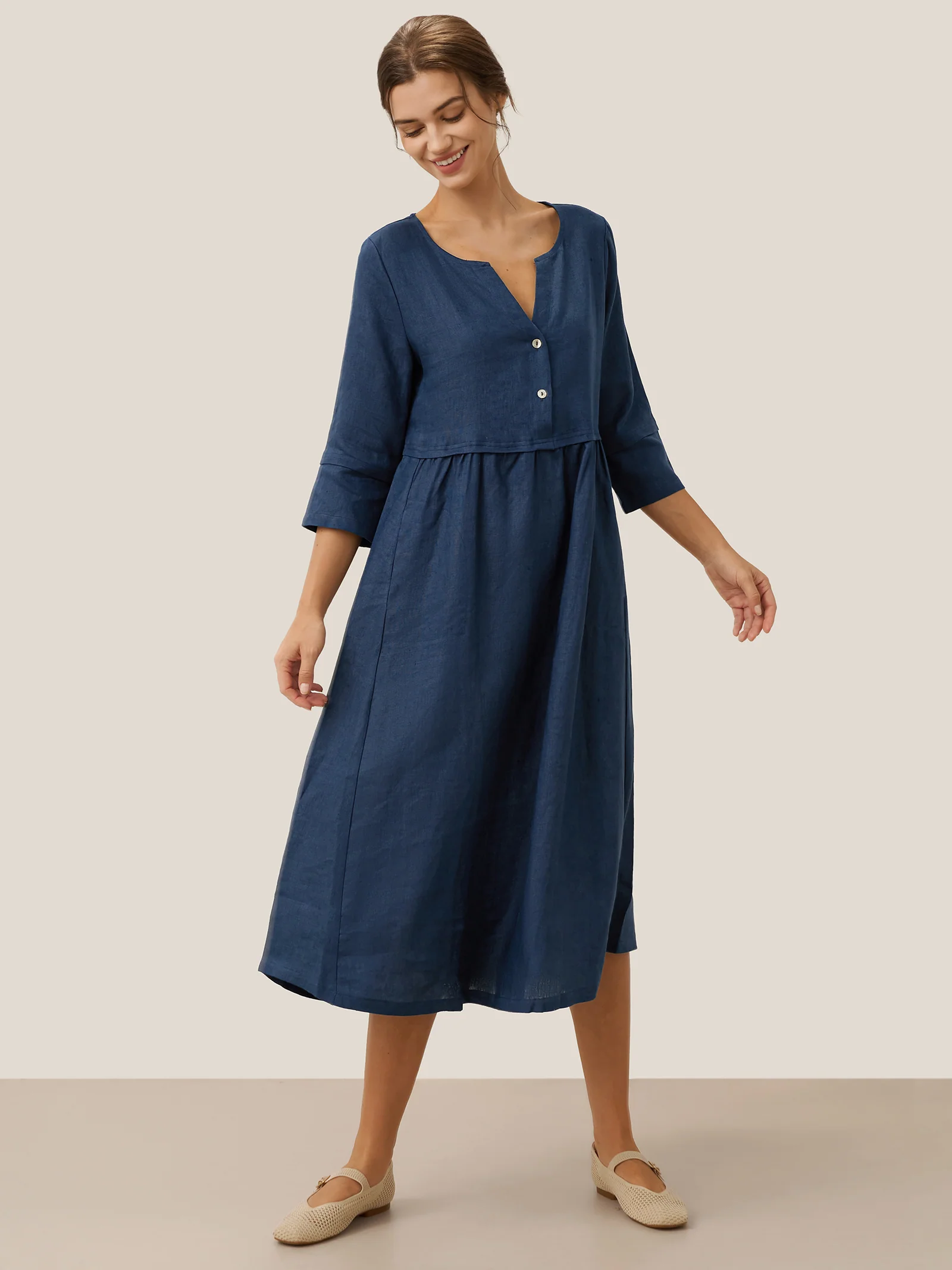 100% Linen Loose Fit Button Waist Gathered Maxi Dress LUNA - Image 26