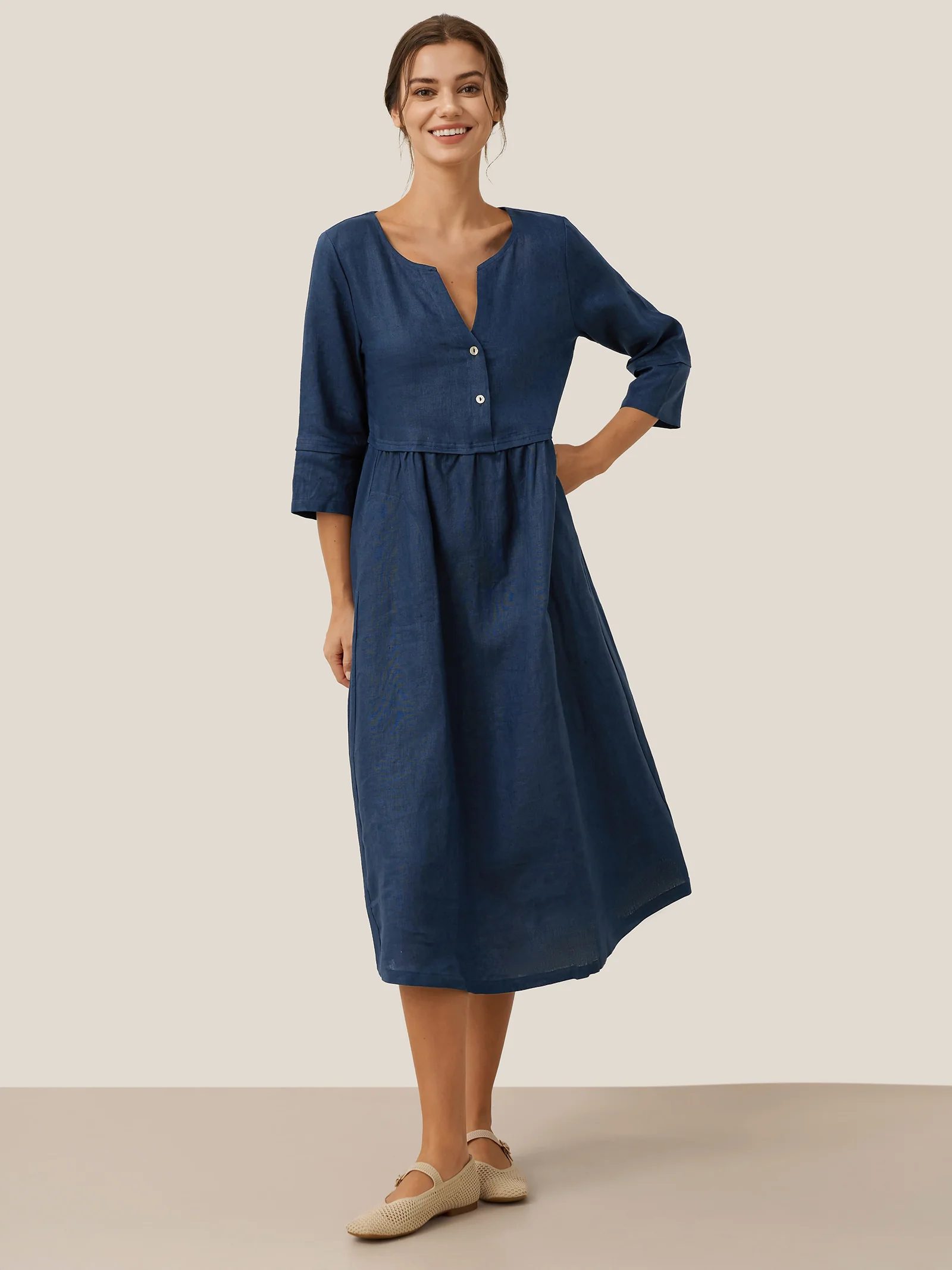 100% Linen Loose Fit Button Waist Gathered Maxi Dress LUNA - Image 27