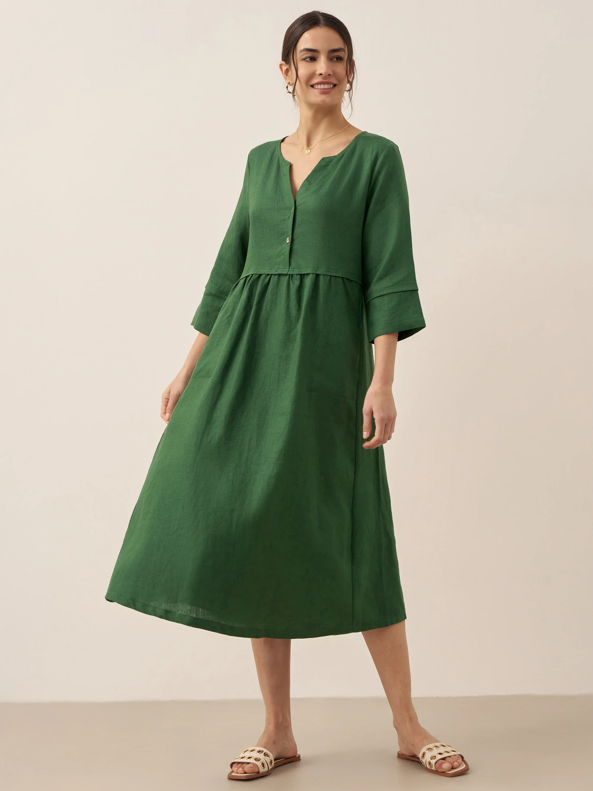 100% Linen Loose Fit Button Waist Gathered Maxi Dress LUNA - Image 17