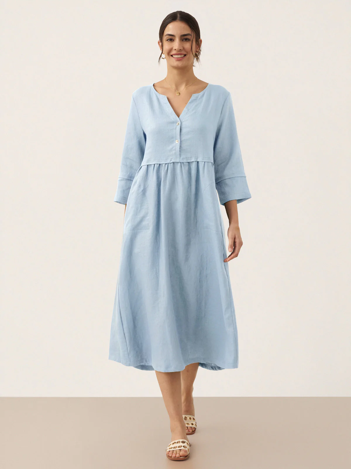 100% Linen Loose Fit Button Waist Gathered Maxi Dress LUNA - Image 30